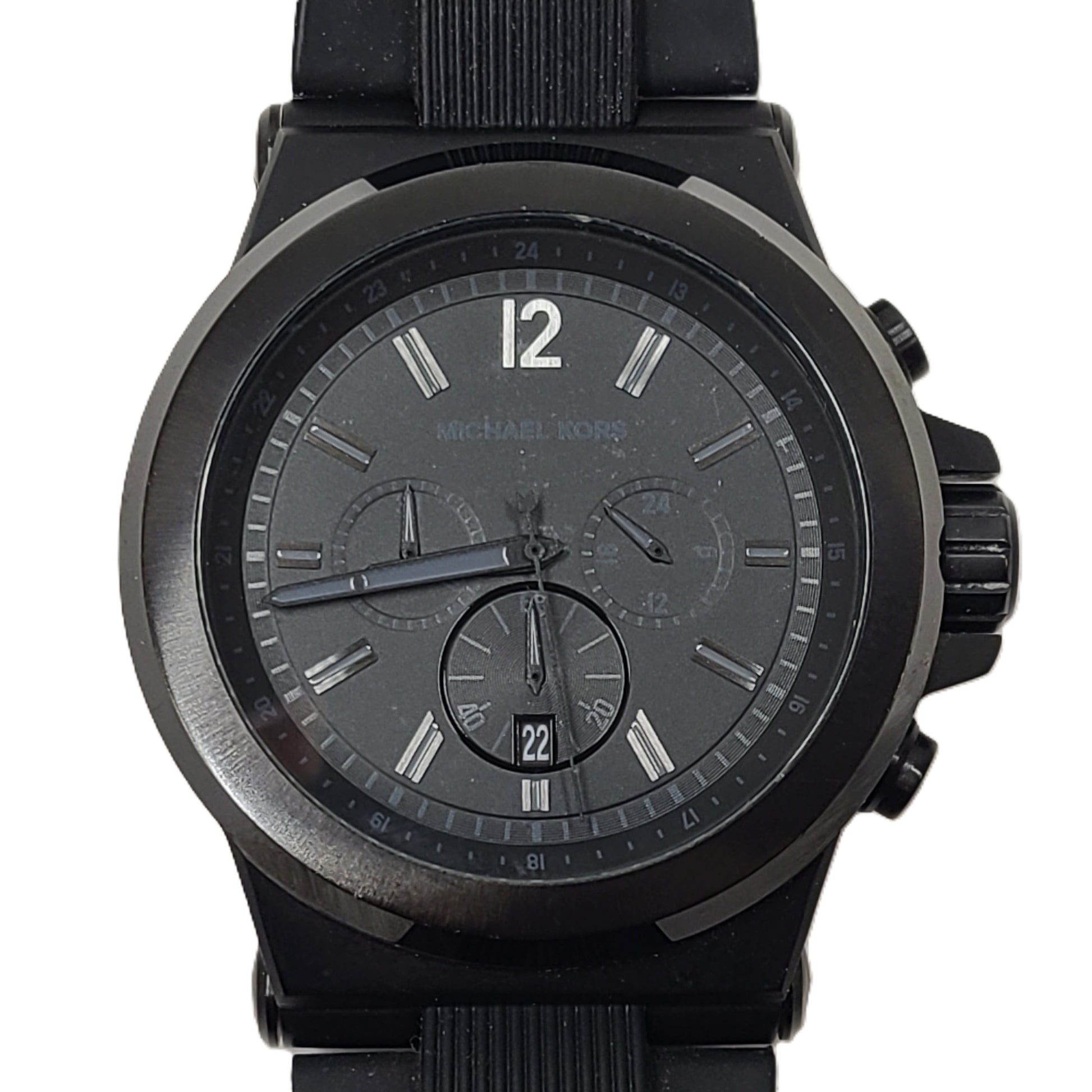 Michael Kors MK-8352 black chronograph wristwatch with stainless steel case and bracelet.