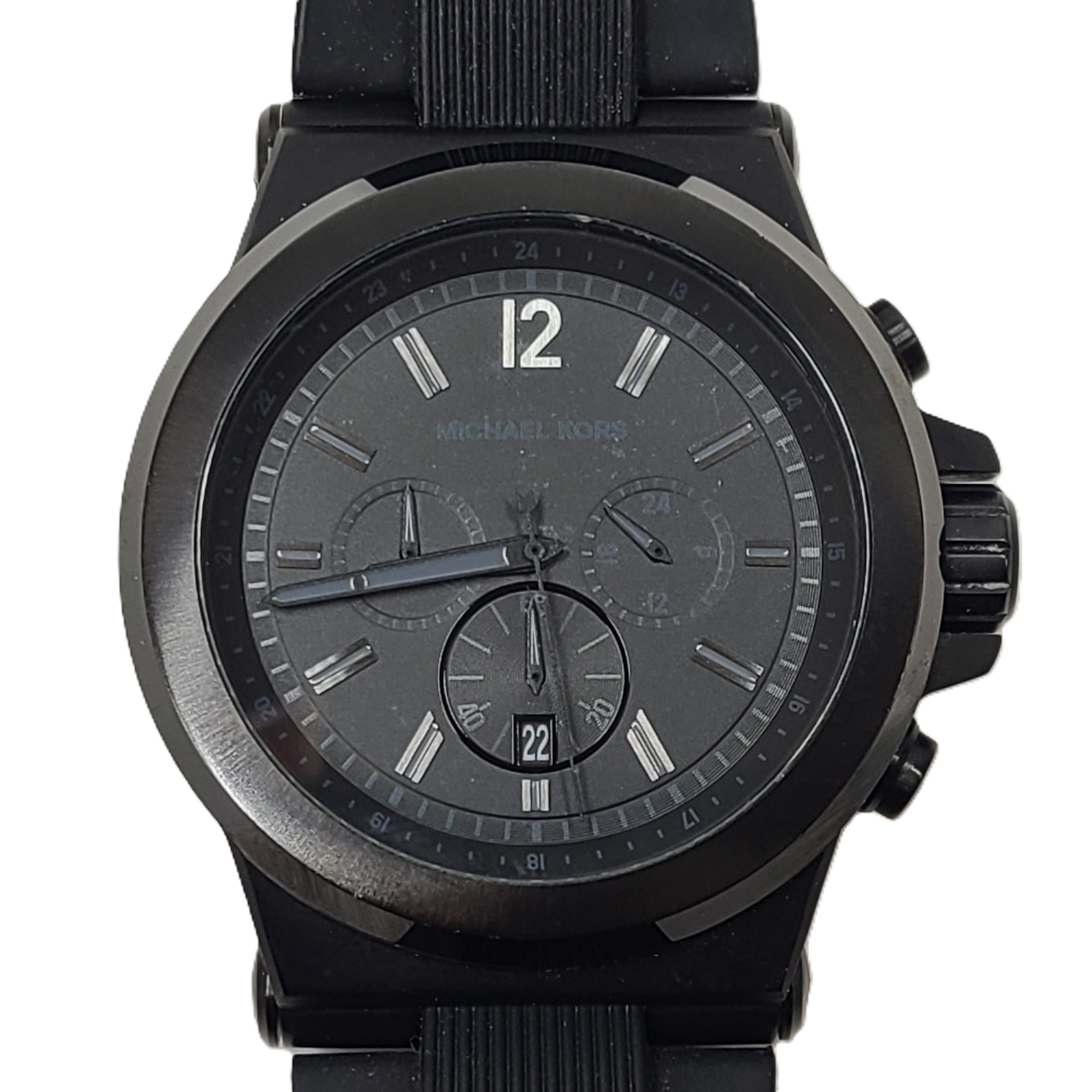 Michael Kors MK-8352 black chronograph wristwatch with stainless steel case and bracelet.