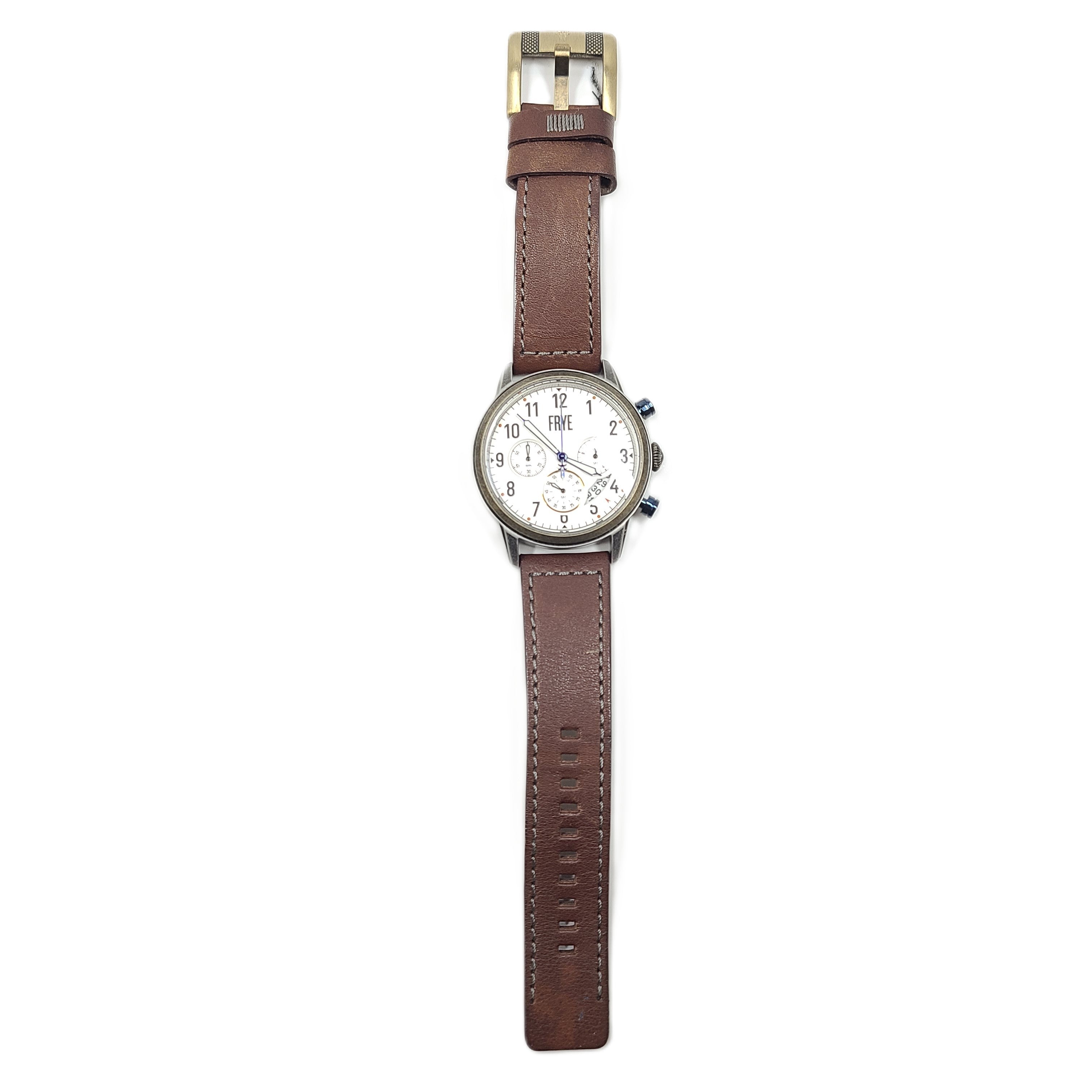 A FRYE analog wristwatch with a brown genuine leather strap, stainless steel case, and Japanese movement.