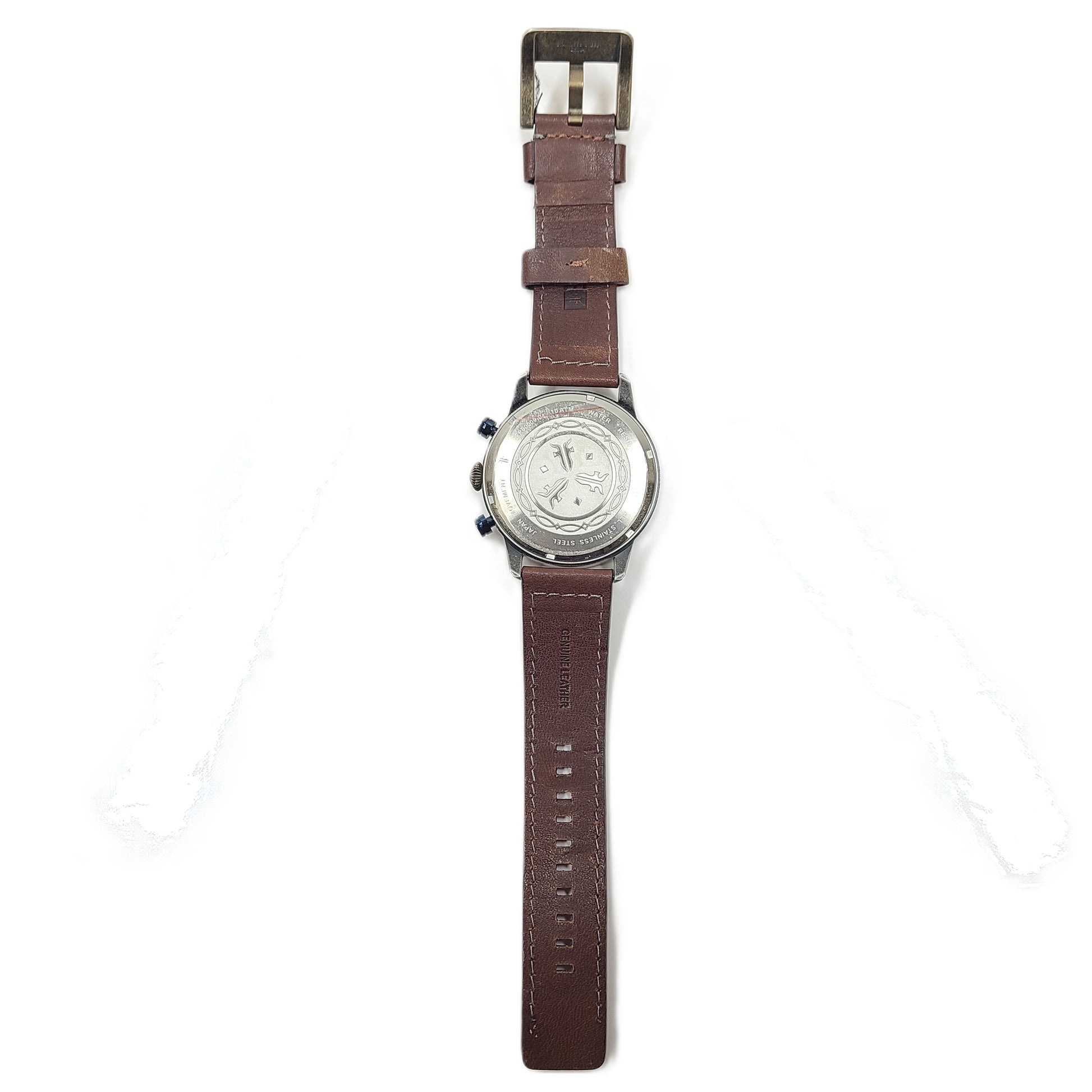 A FRYE analog wristwatch with a brown genuine leather strap, stainless steel case, and Japanese movement.