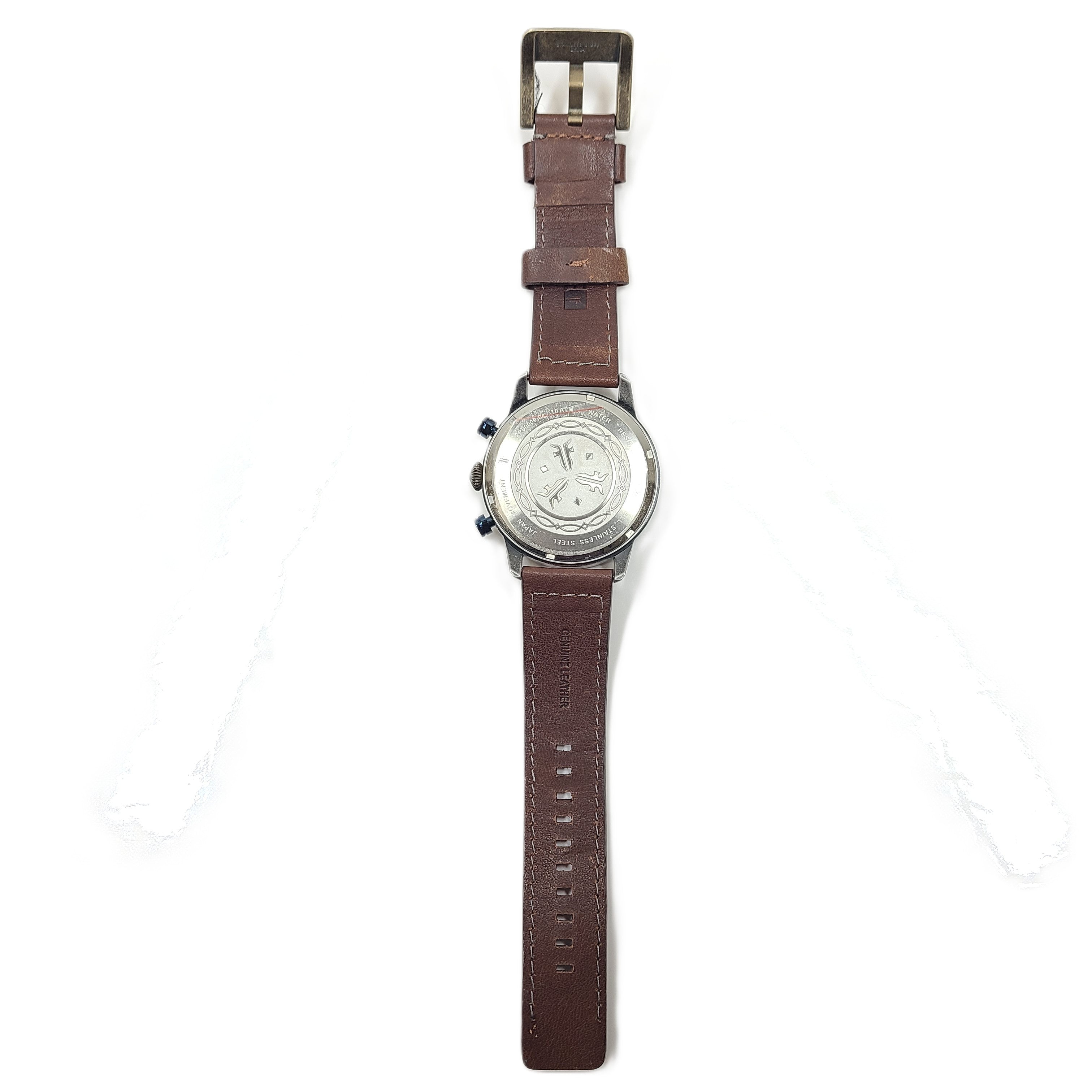 A FRYE analog wristwatch with a brown genuine leather strap, stainless steel case, and Japanese movement.
