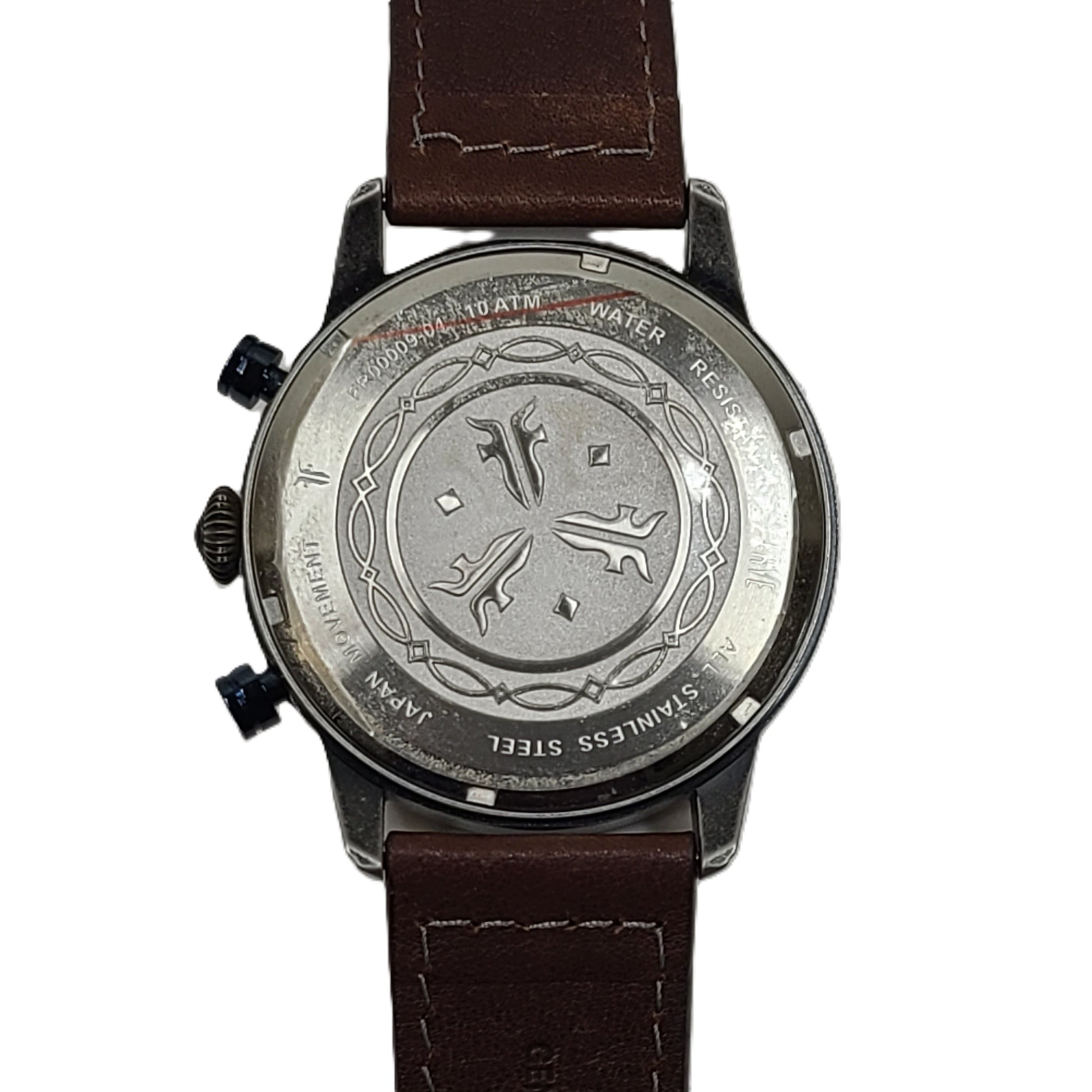 A FRYE analog wristwatch with a brown genuine leather strap, stainless steel case, and Japanese movement.