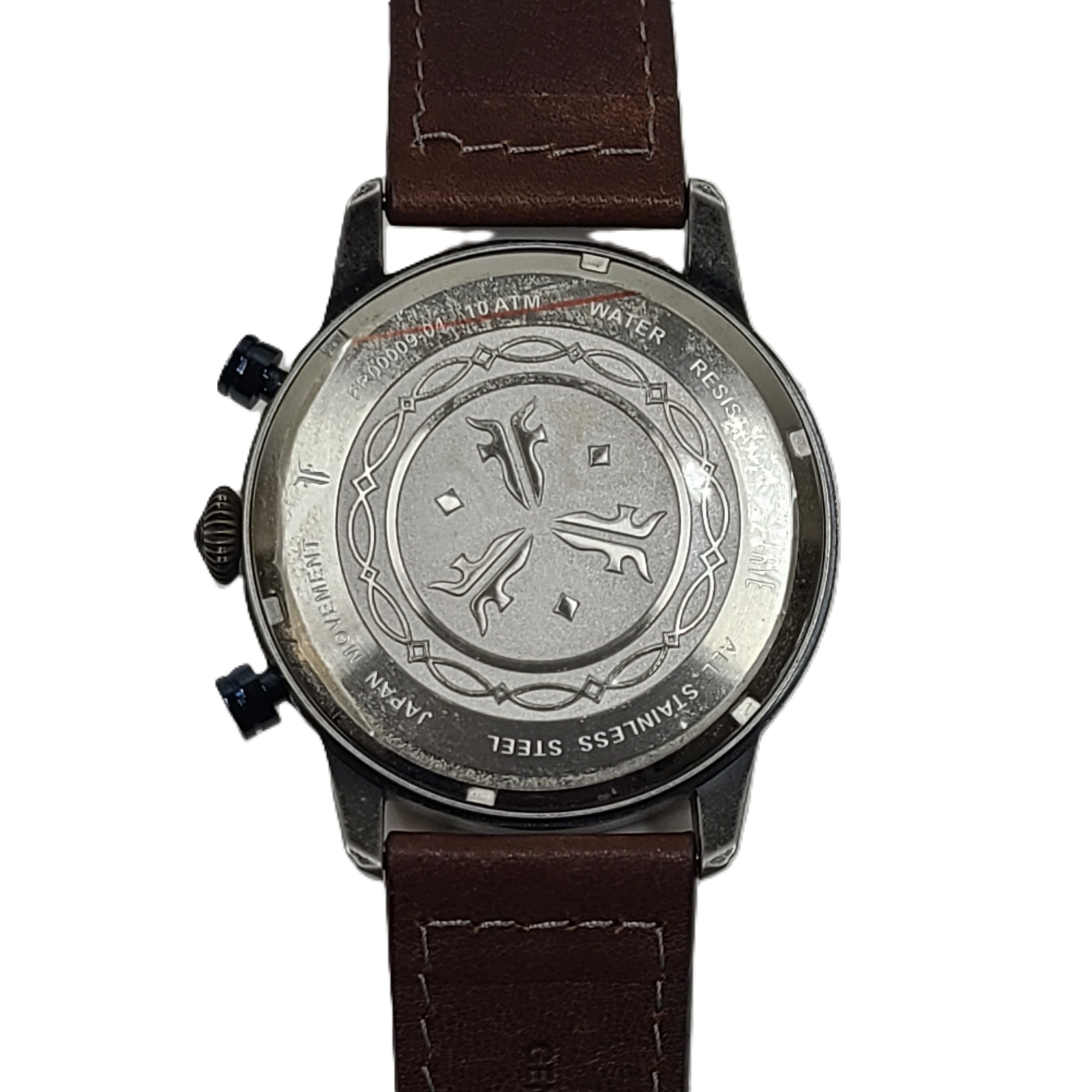 A FRYE analog wristwatch with a brown genuine leather strap, stainless steel case, and Japanese movement.