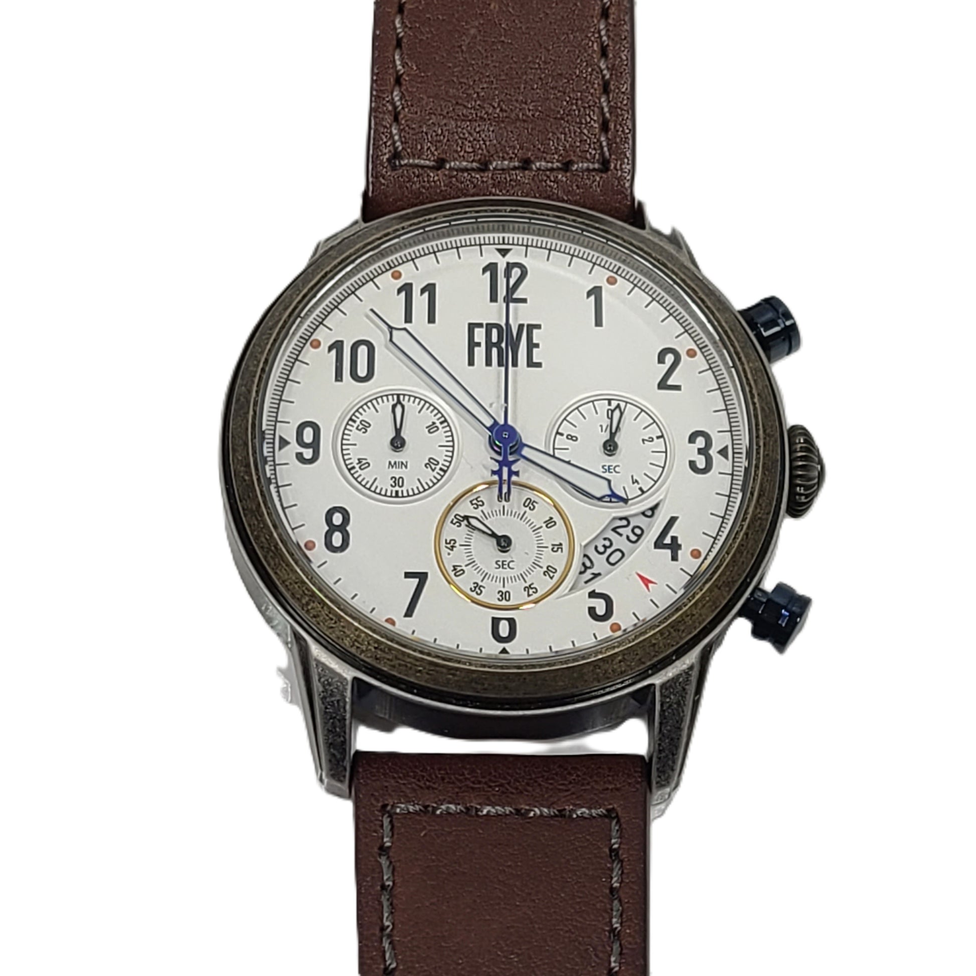 A FRYE analog wristwatch with a brown genuine leather strap, stainless steel case, and Japanese movement.