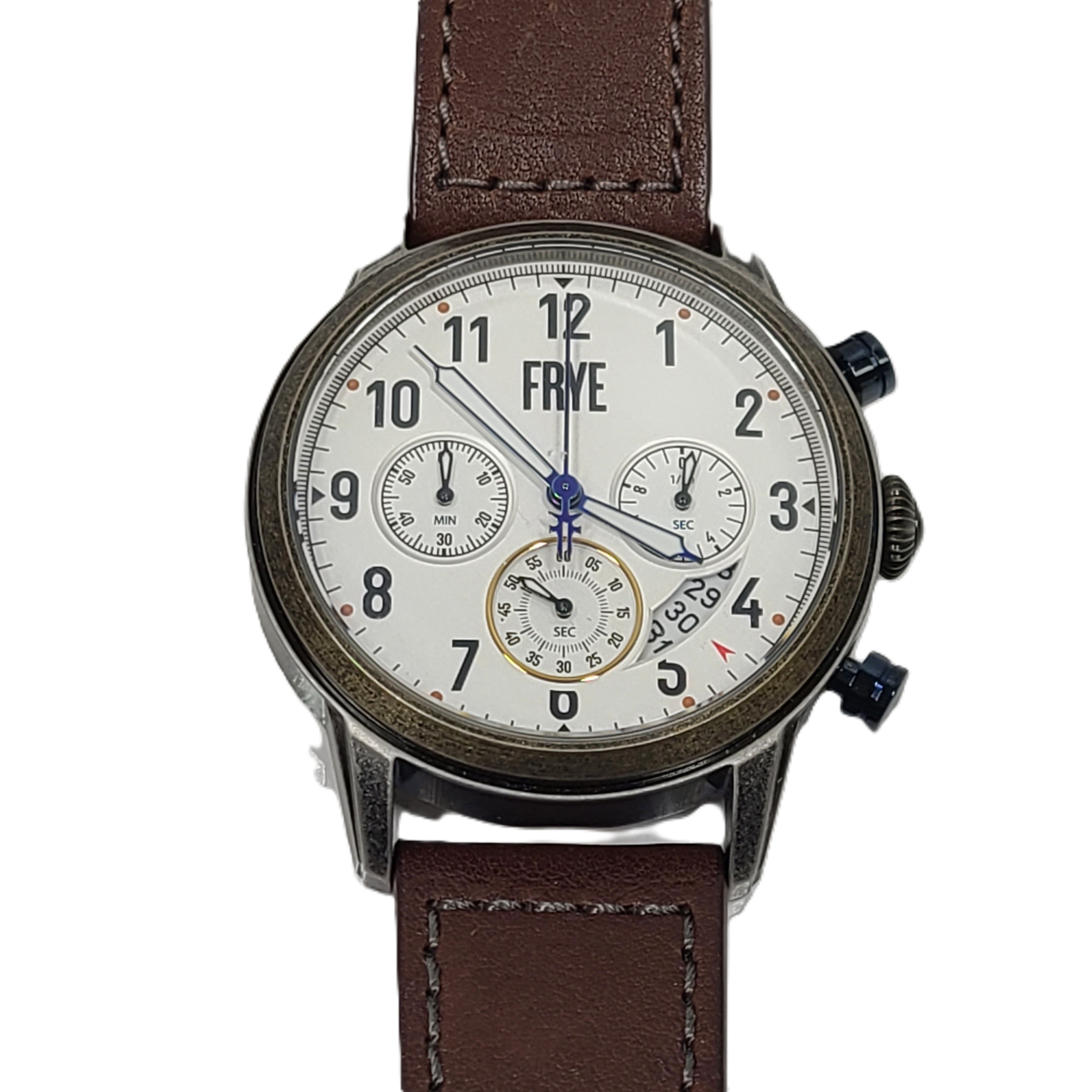 A FRYE analog wristwatch with a brown genuine leather strap, stainless steel case, and Japanese movement.