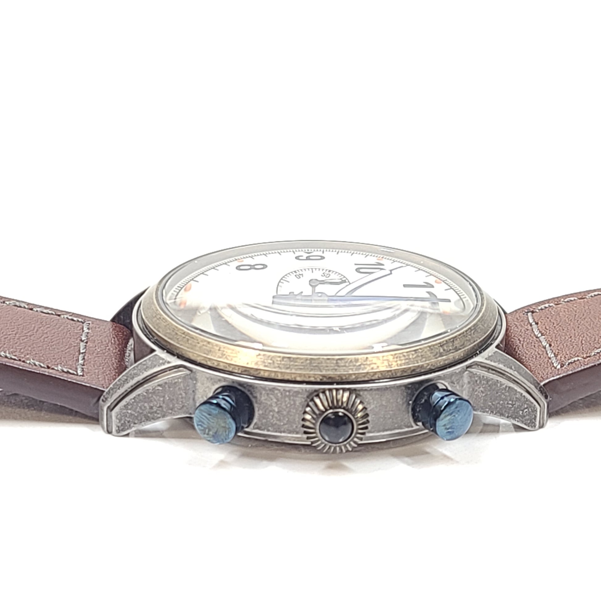 A FRYE analog wristwatch with a brown genuine leather strap, stainless steel case, and Japanese movement.