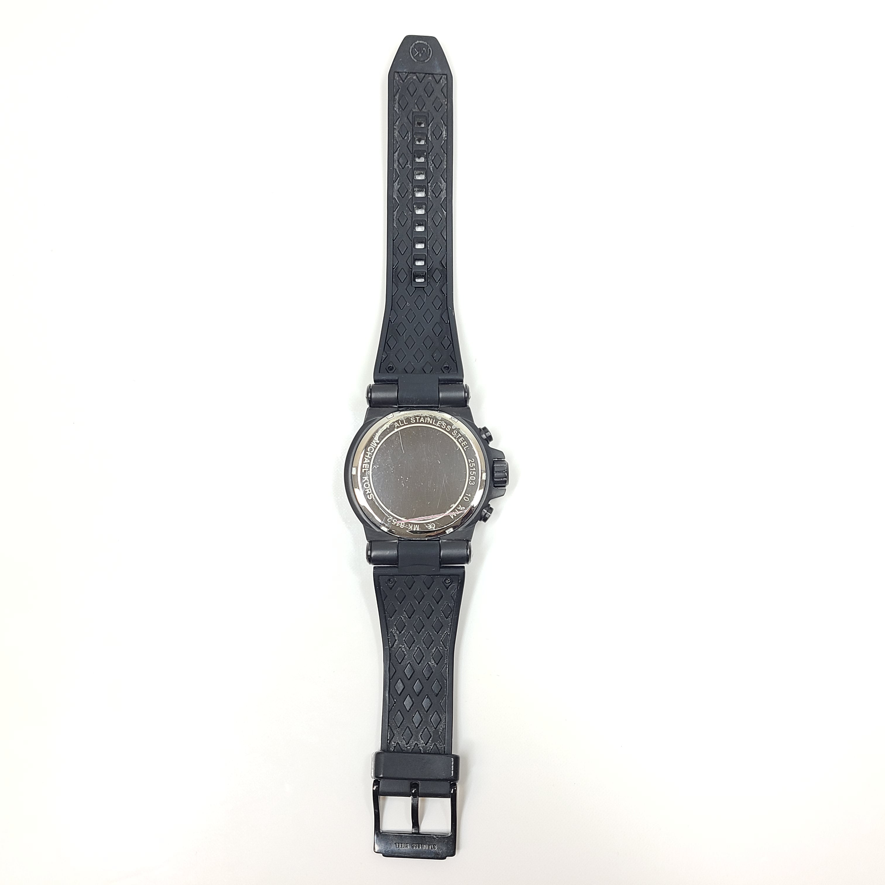 Michael Kors MK-8352 black chronograph wristwatch with stainless steel case and bracelet.