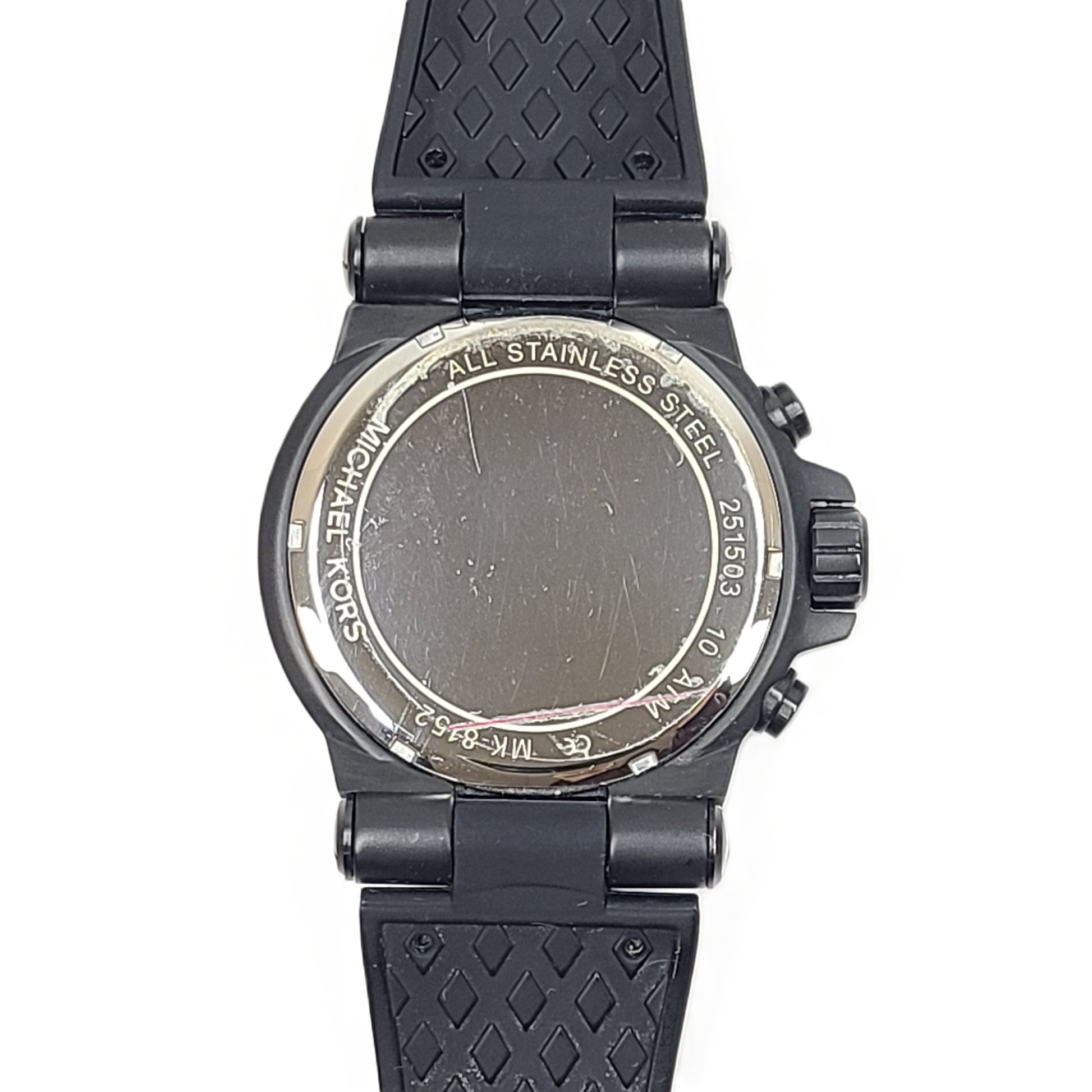 Michael Kors MK-8352 black chronograph wristwatch with stainless steel case and bracelet.