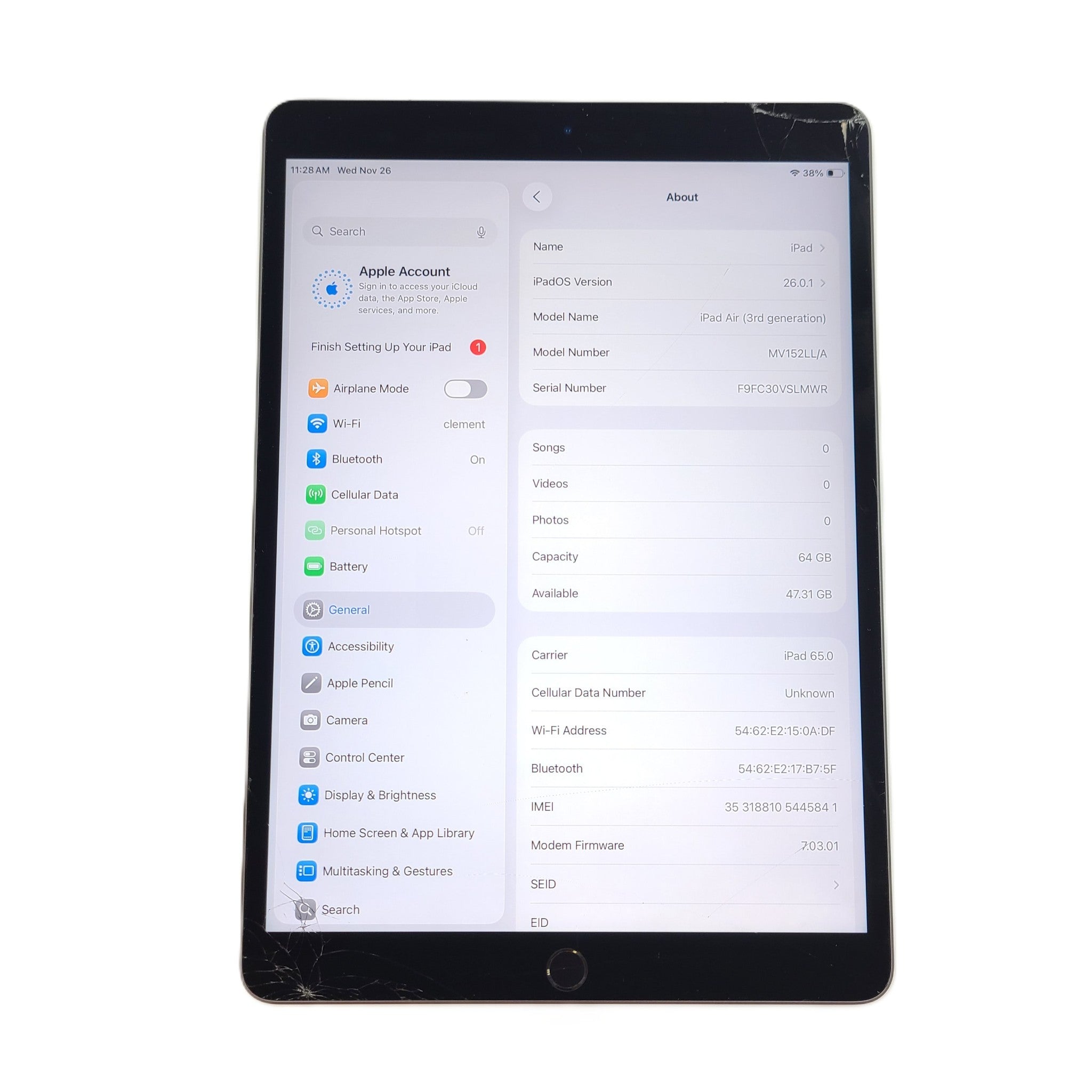 Apple iPad Air 3rd Gen 64GB, Wi-Fi + 4G LTE, A2153, 10.5in - Space Gray V3