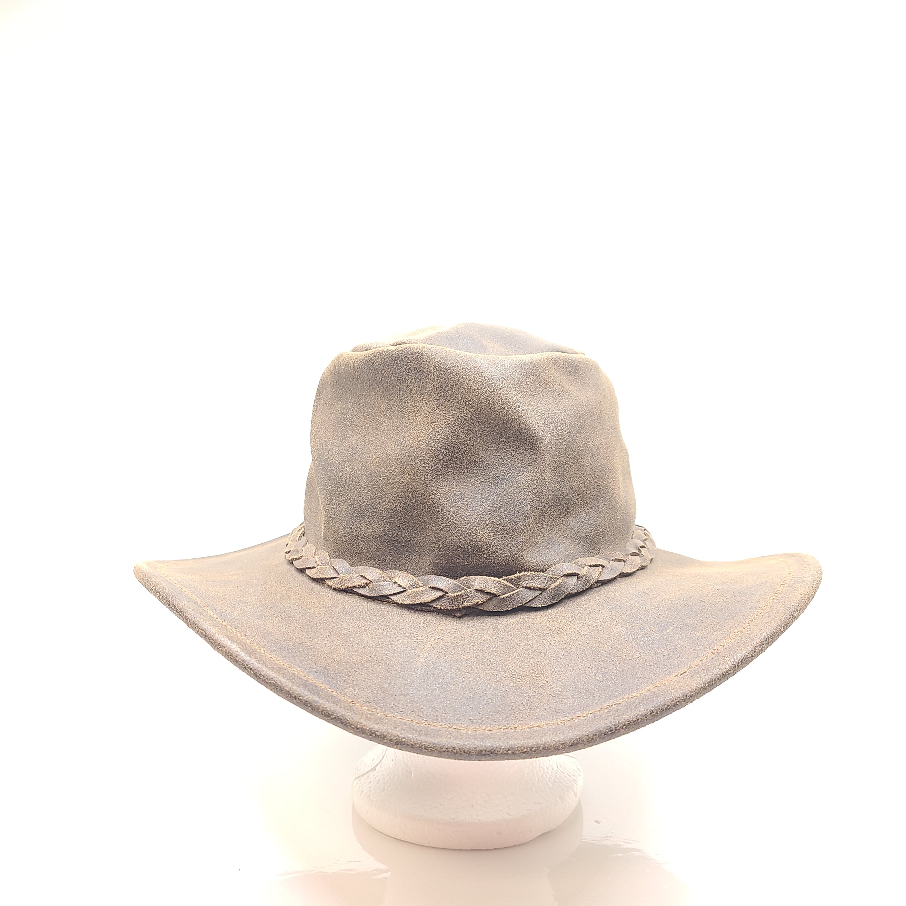 Large brown genuine leather Minnetonka fold-up hat designed for packable travel and all-day comfort.