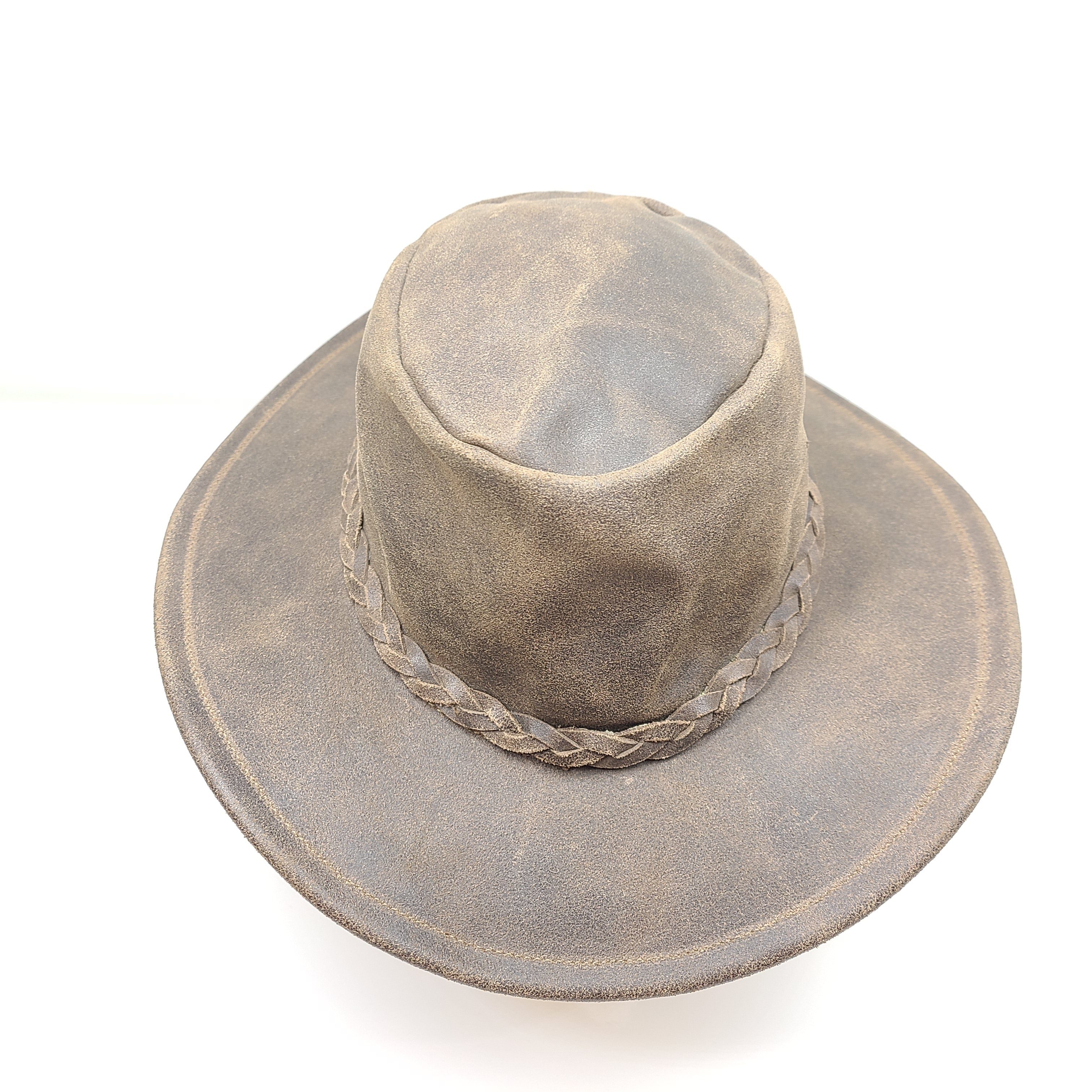 Large brown genuine leather Minnetonka fold-up hat designed for packable travel and all-day comfort.