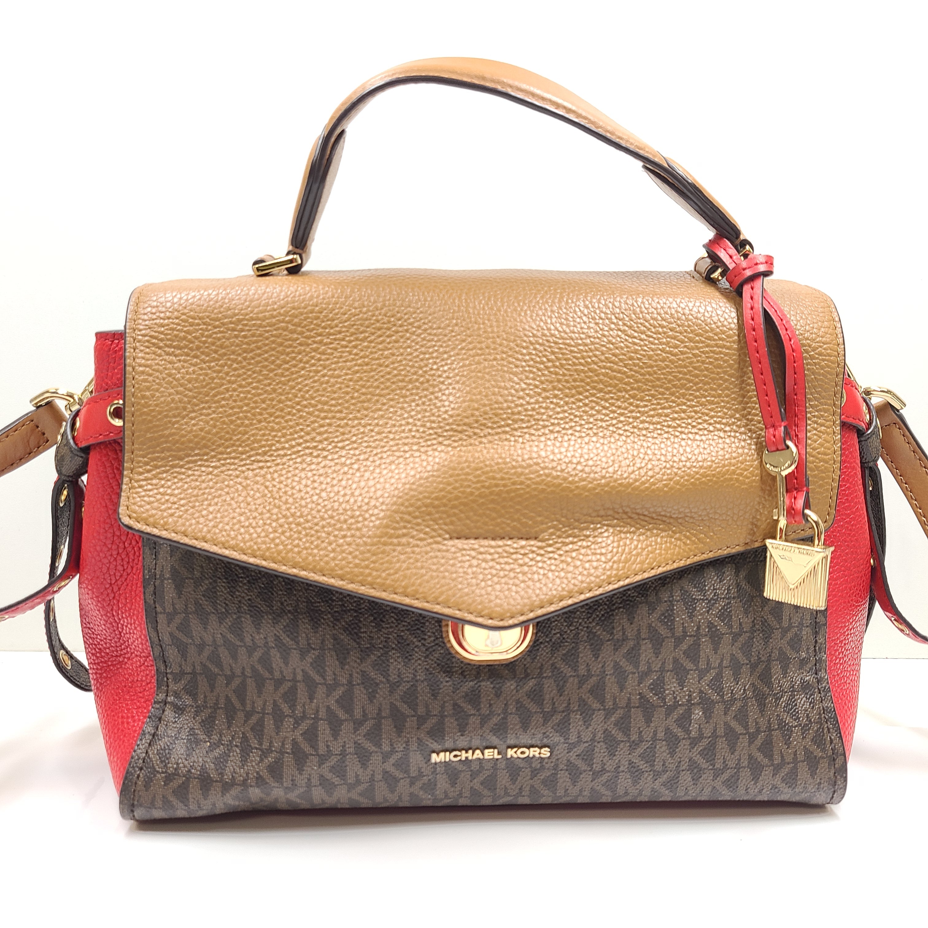 Michael Kors Bristol Medium Leather Satchel Handbag Brown/Red/Tan