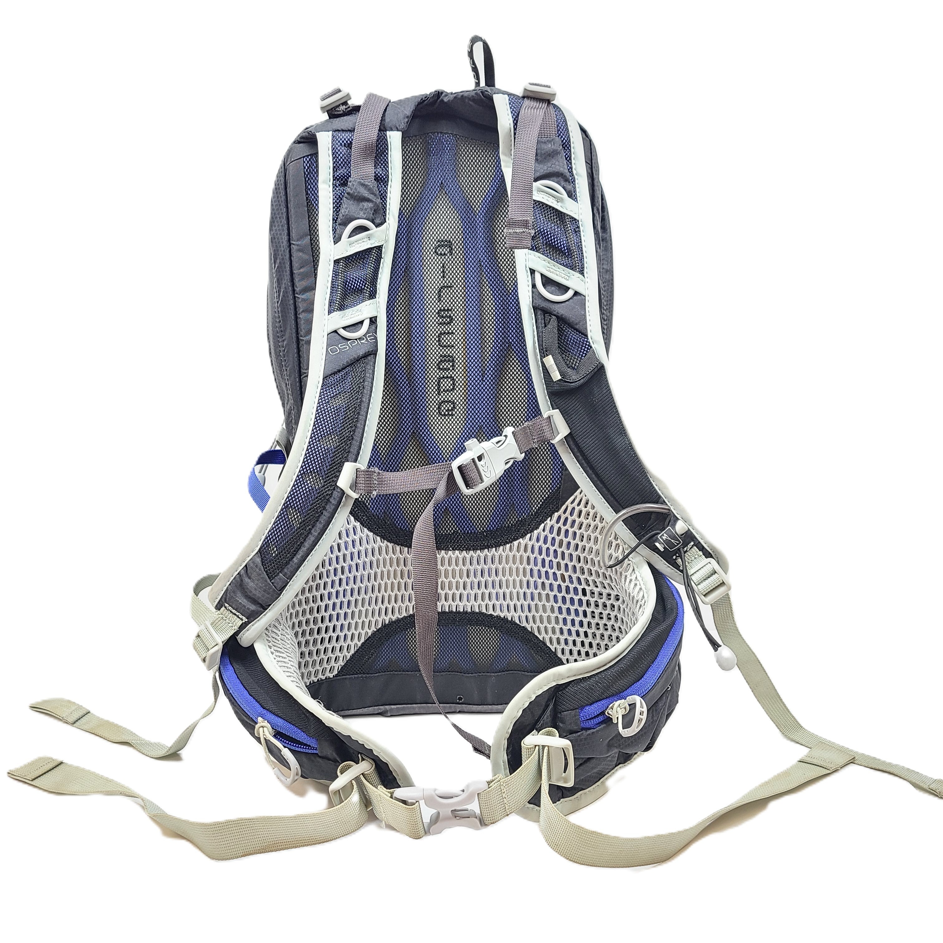 Compact Osprey Tempest 9 backpack in black, blue, and grey with Airscape back panel and adjustable straps for comfortable carry.