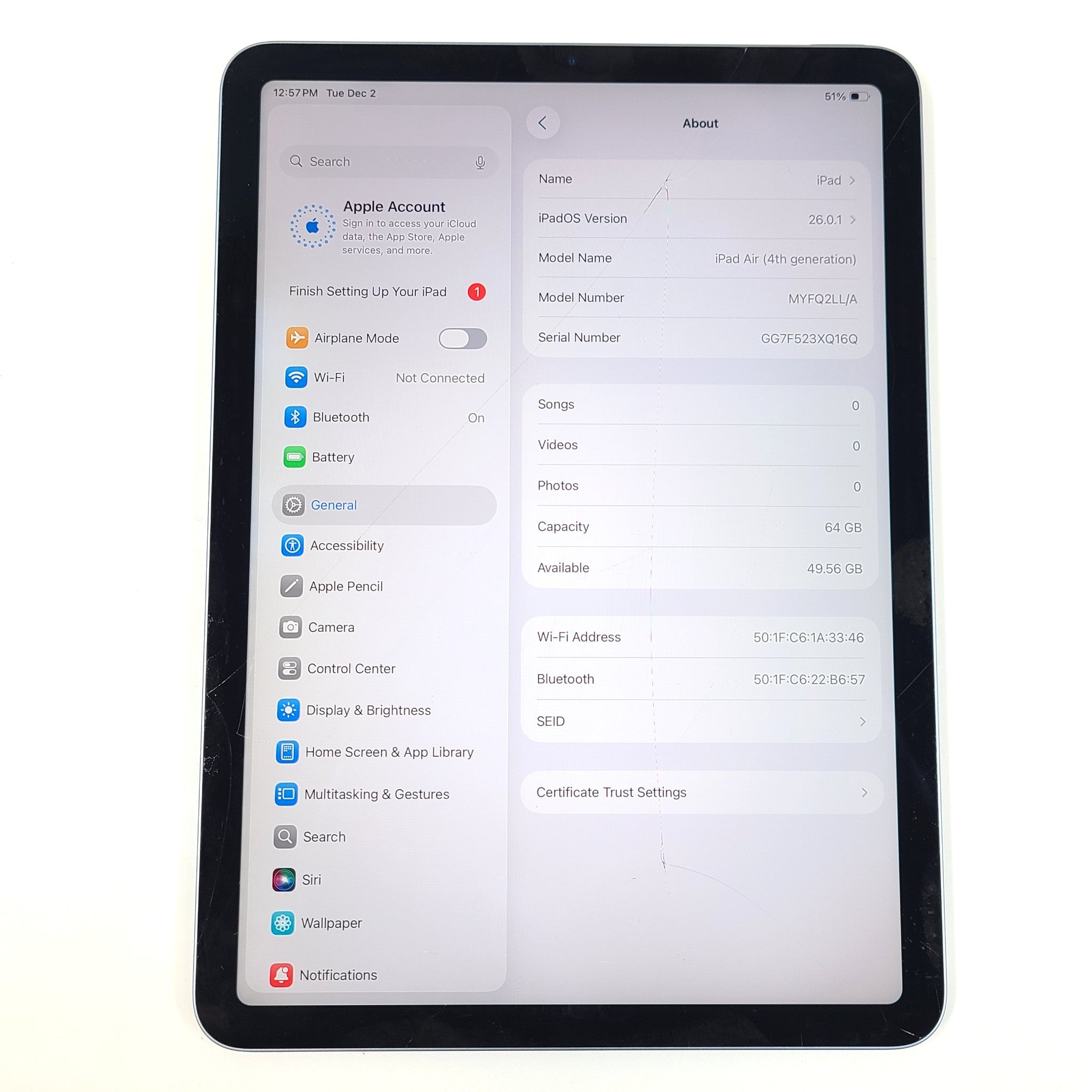 Apple iPad Air 4th 10.9" A2324 Cellular 64GB Blue READ Screen