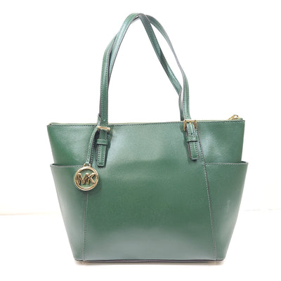 Michael Kors Jet Set Large Crossgrain Leather Top-Zip Tote Bag Moss Green EXC!