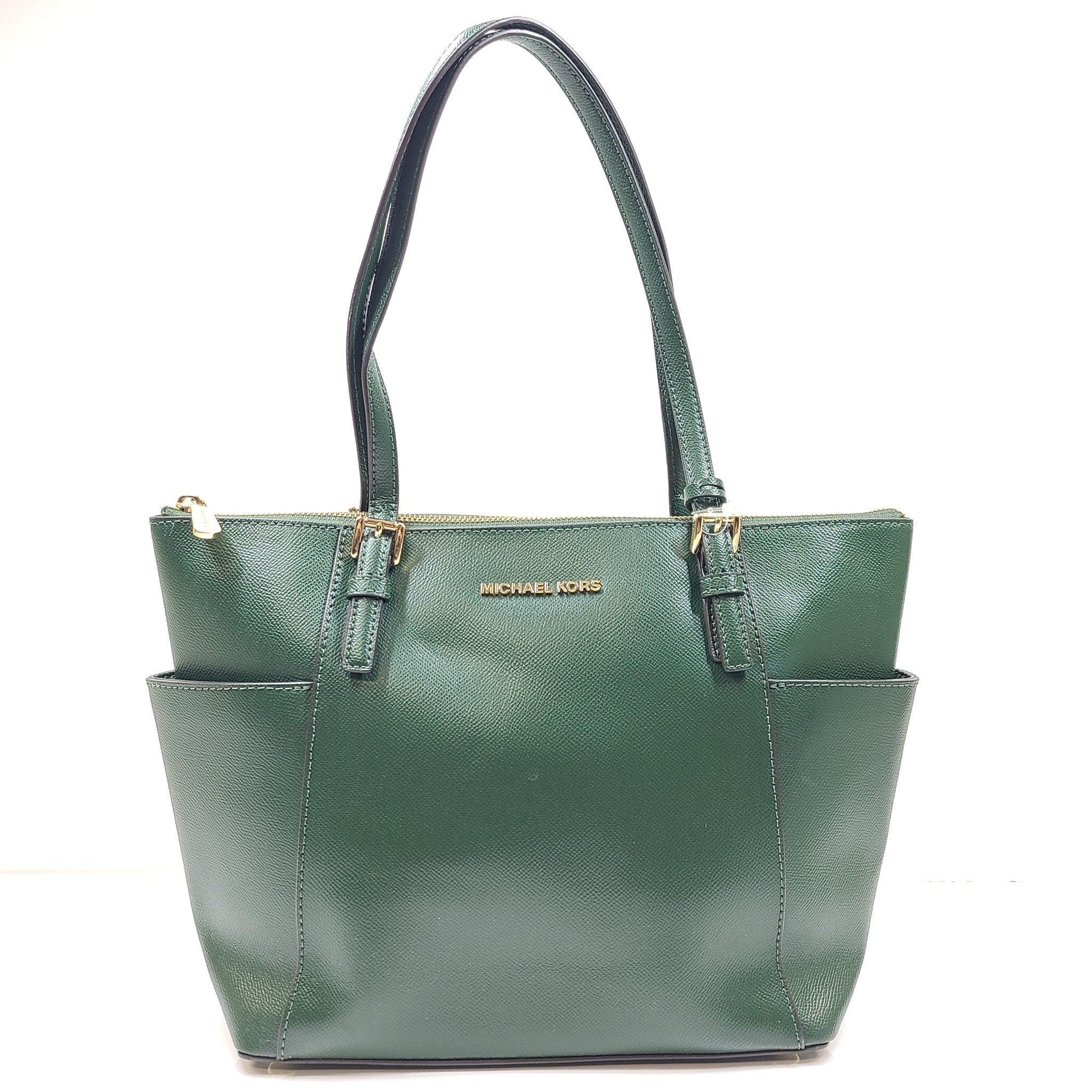 Michael Kors Jet Set Large Crossgrain Leather Top-Zip Tote Bag Moss Green EXC!