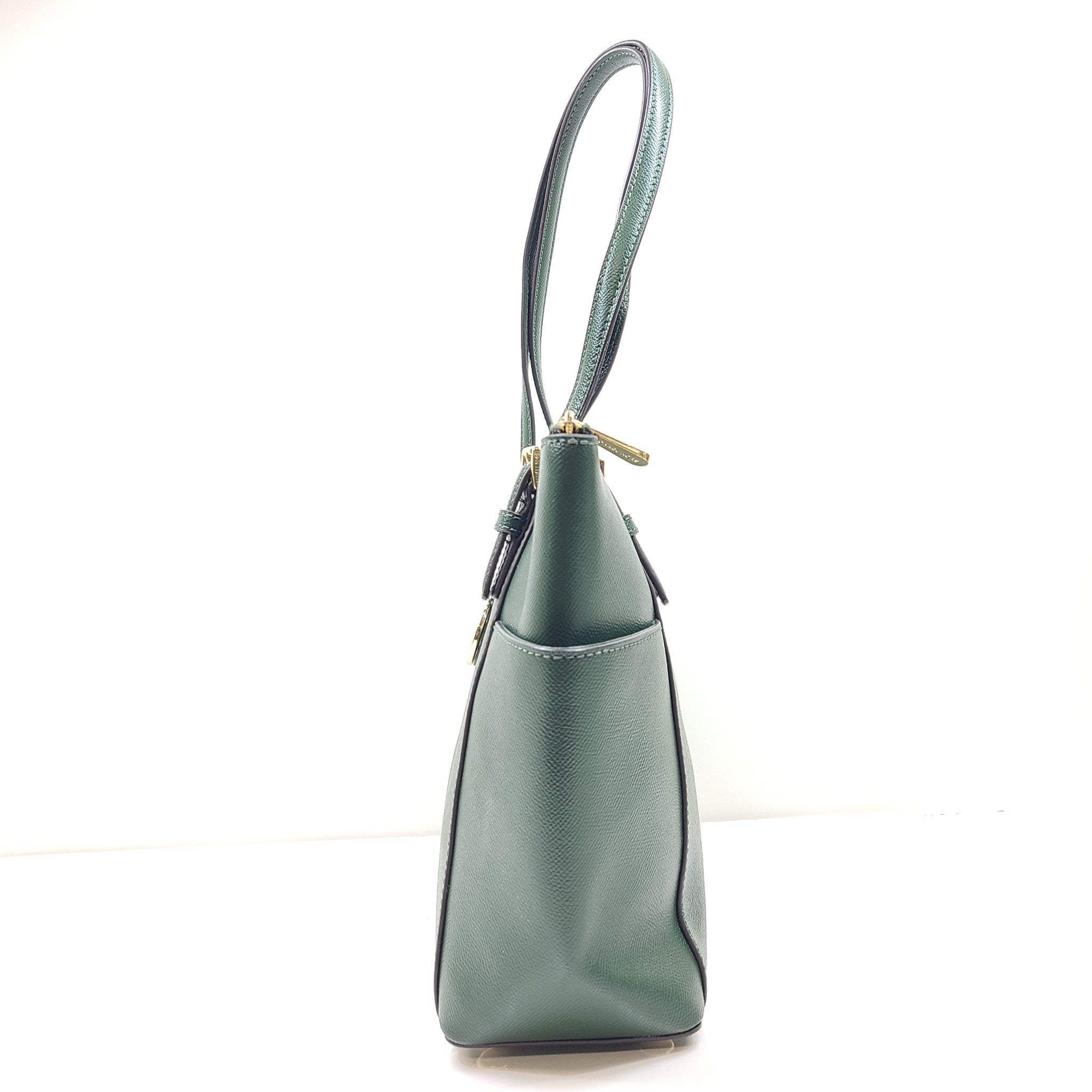 Michael Kors Jet Set Large Crossgrain Leather Top-Zip Tote Bag Moss Green EXC!