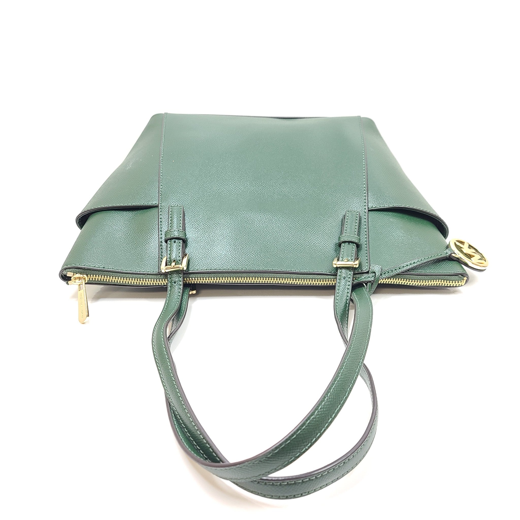 Michael Kors Jet Set Large Crossgrain Leather Top-Zip Tote Bag Moss Green EXC!