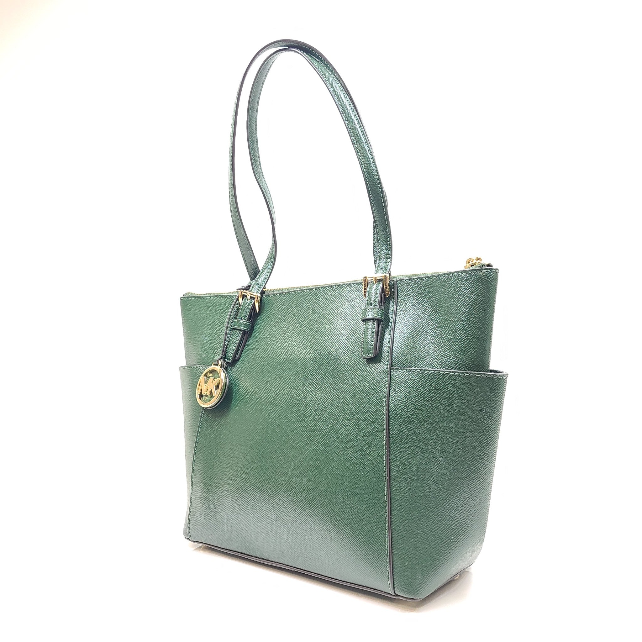 Michael Kors Jet Set Large Crossgrain Leather Top-Zip Tote Bag Moss Green EXC!