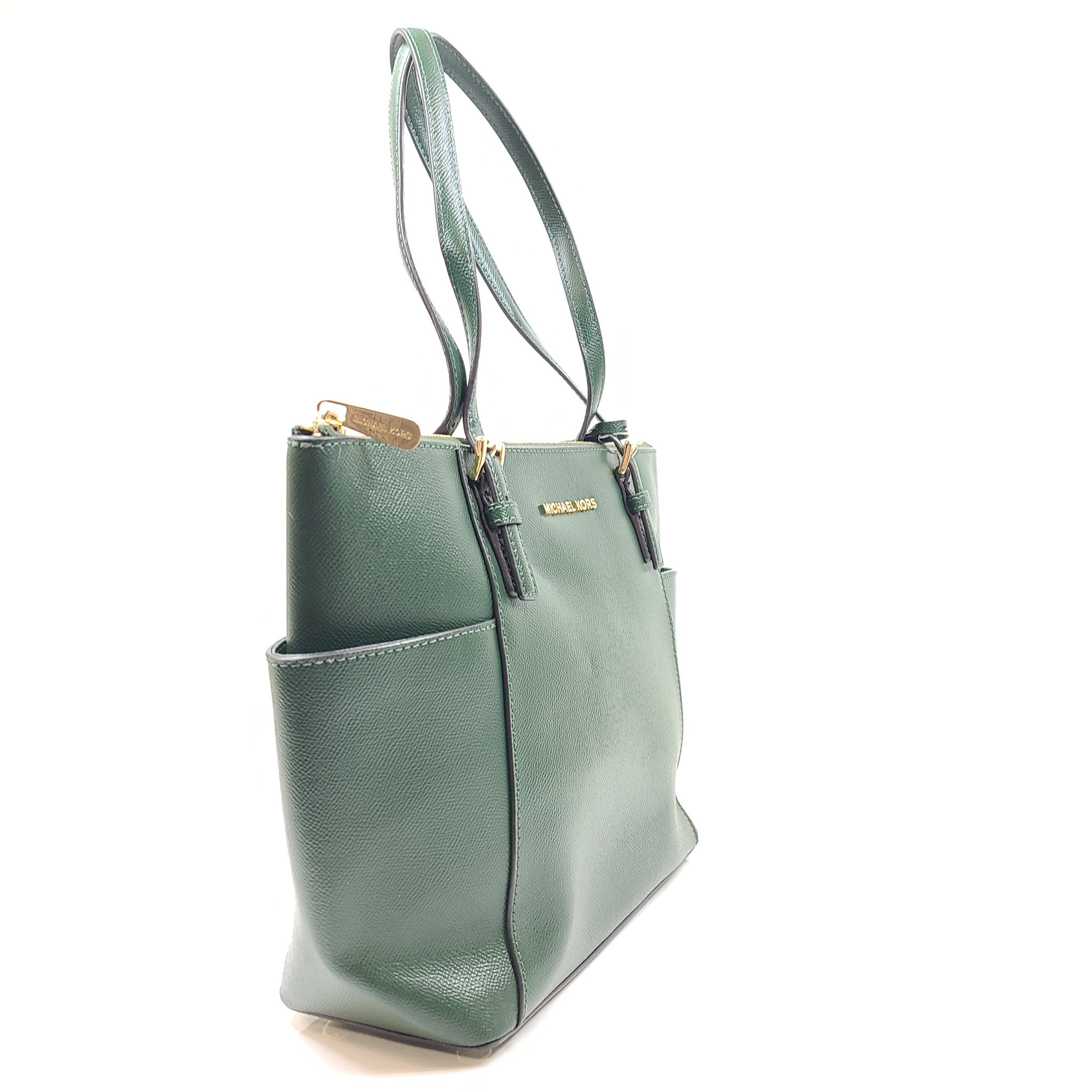 Michael Kors Jet Set Large Crossgrain Leather Top-Zip Tote Bag Moss Green EXC!
