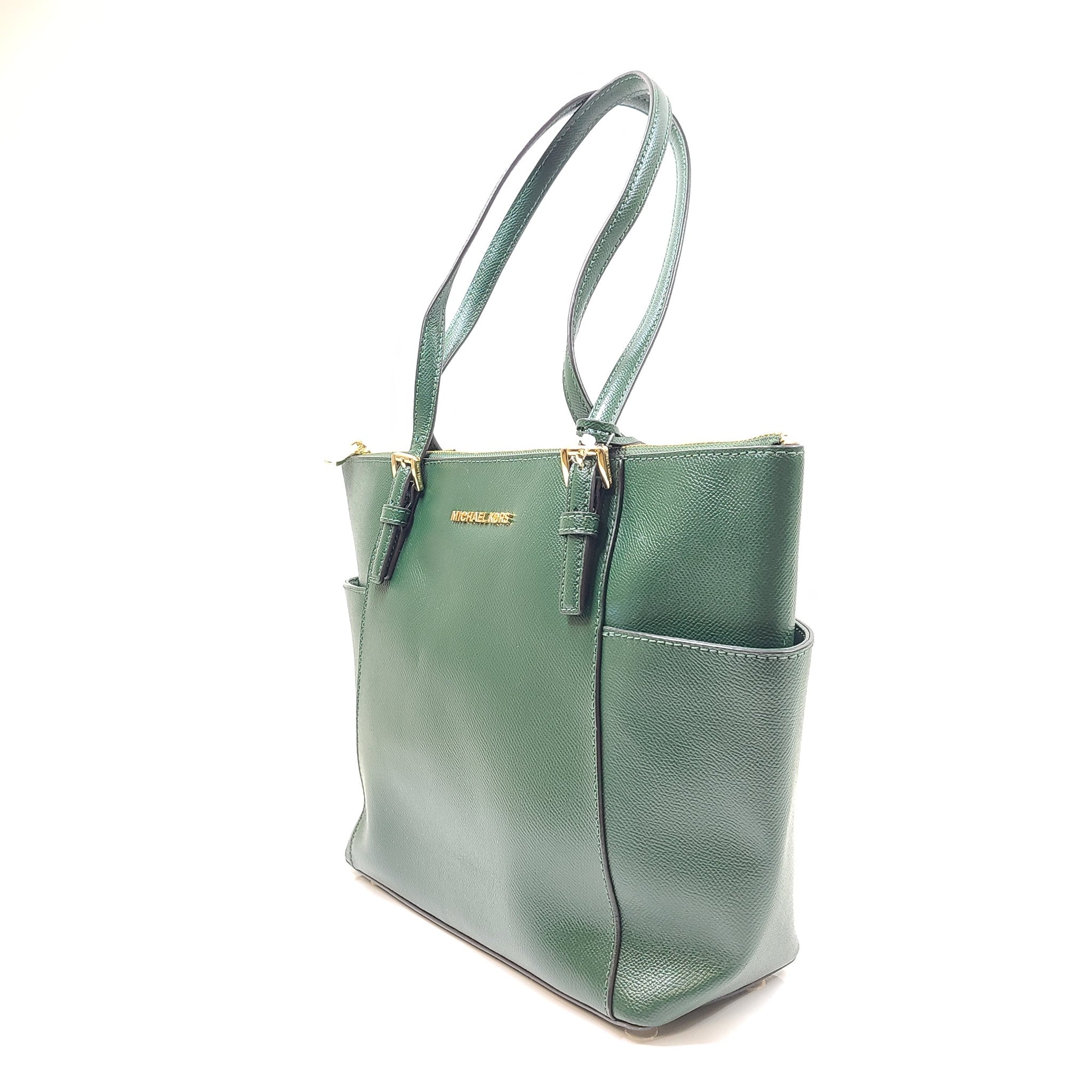 Michael Kors Jet Set Large Crossgrain Leather Top-Zip Tote Bag Moss Green EXC!