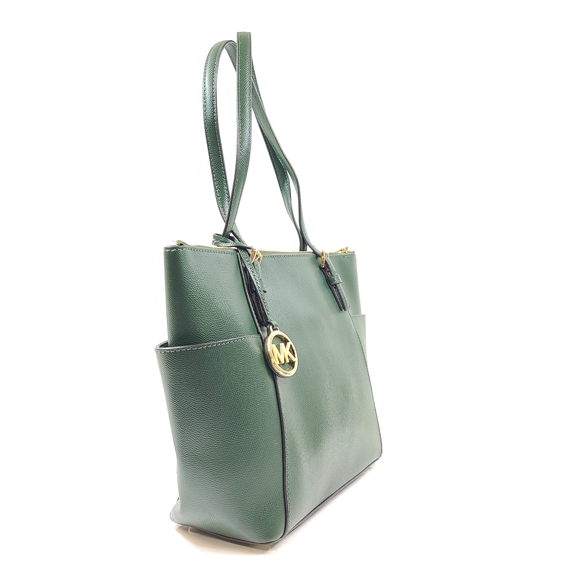 Michael Kors Jet Set Large Crossgrain Leather Top-Zip Tote Bag Moss Green EXC!
