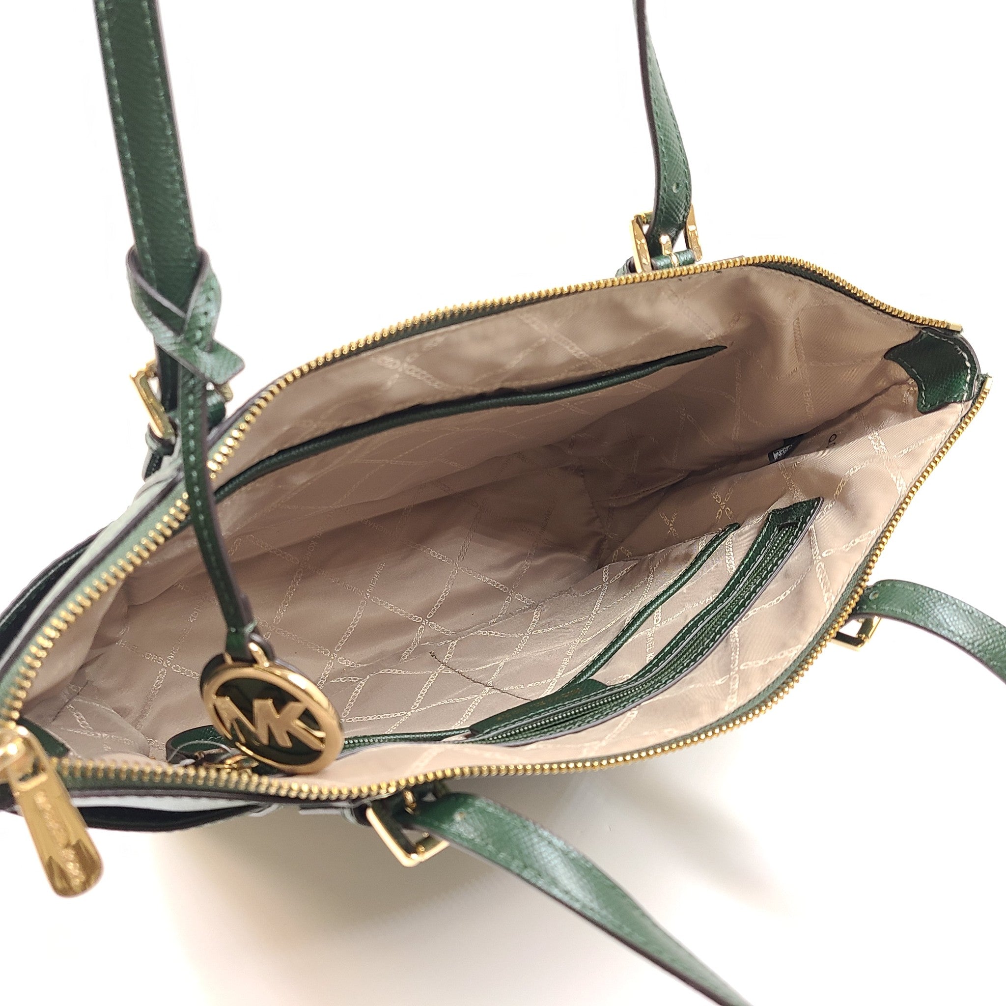 Michael Kors Jet Set Large Crossgrain Leather Top-Zip Tote Bag Moss Green EXC!