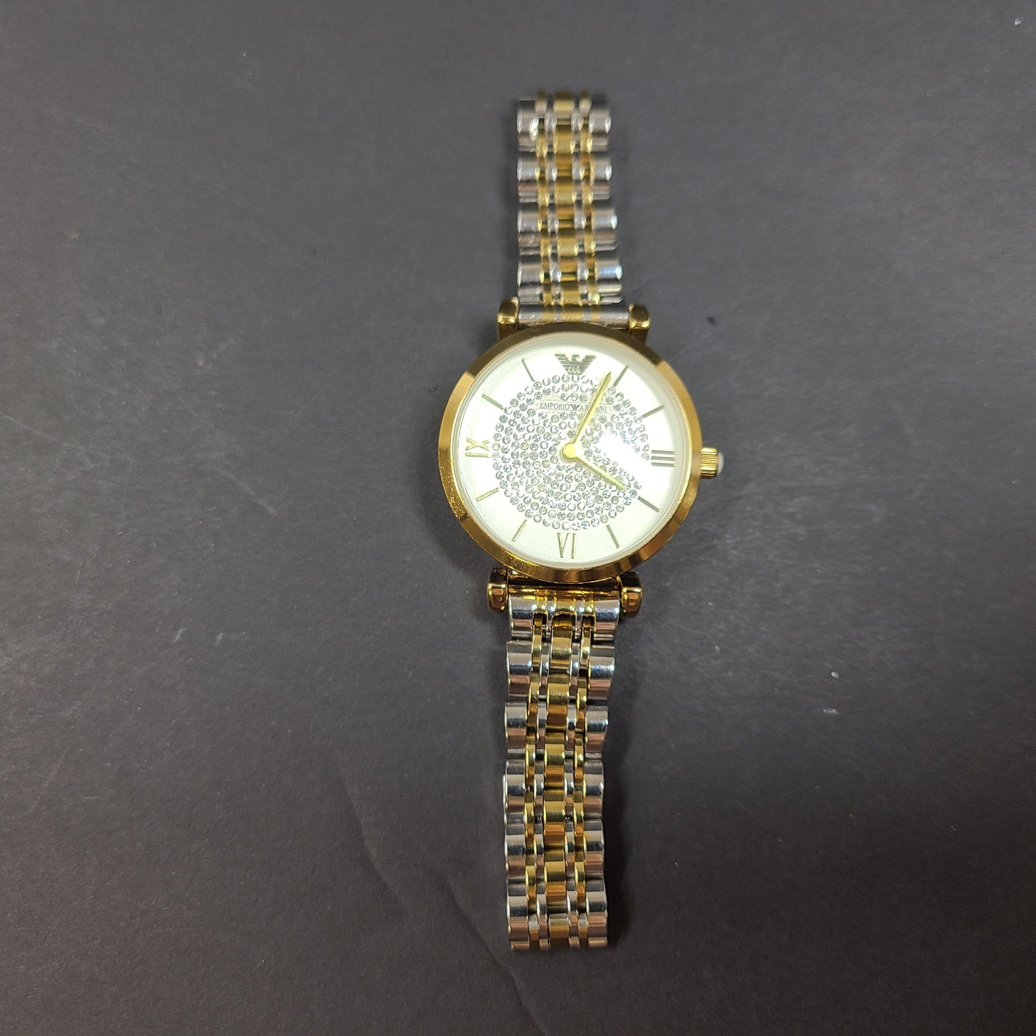 Emporio Armani Women's Gianni T-Bar Watch Gold Silver Tone Crystal Face 5.75"
