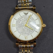 Emporio Armani Women's Gianni T-Bar Watch Gold Silver Tone Crystal Face 5.75"