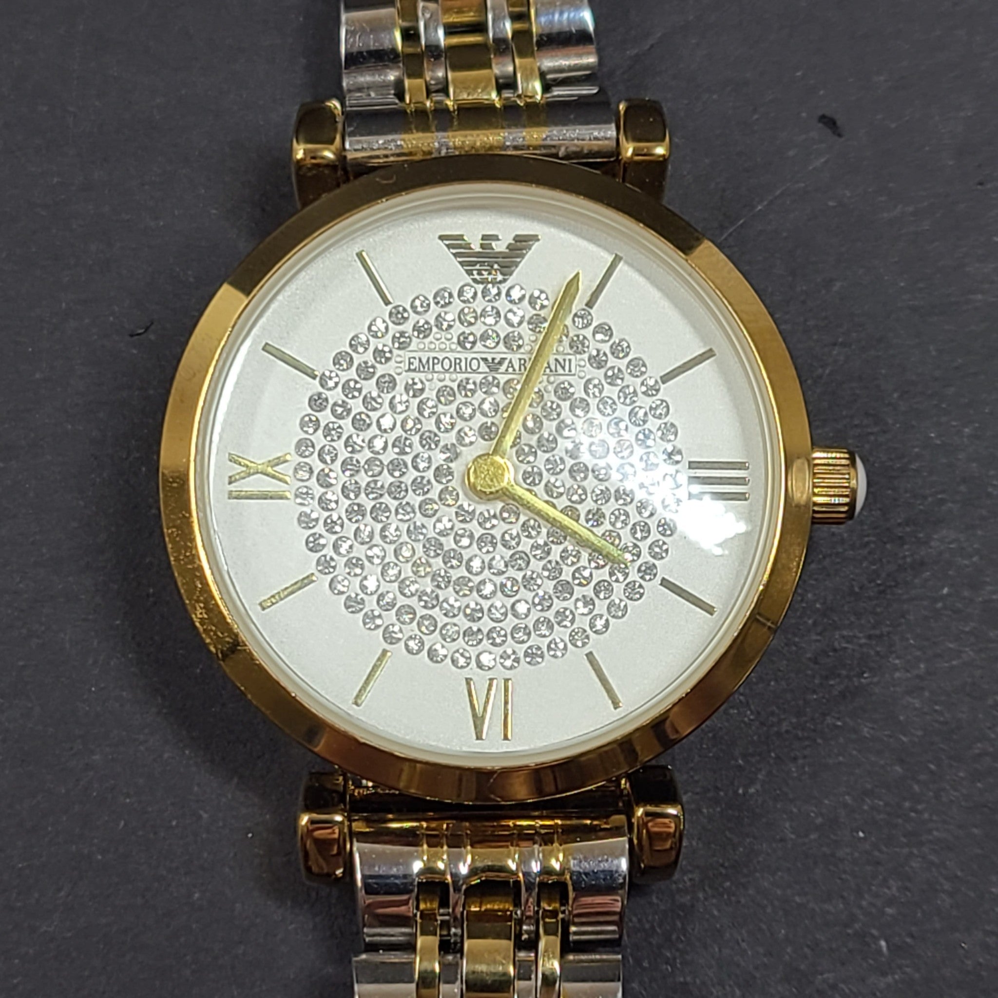 Emporio Armani Women's Gianni T-Bar Watch Gold Silver Tone Crystal Face 5.75"