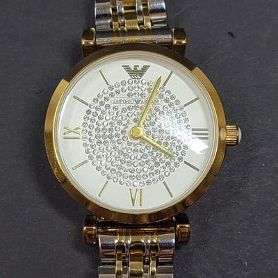 Emporio Armani Women's Gianni T-Bar Watch Gold Silver Tone Crystal Face 5.75"