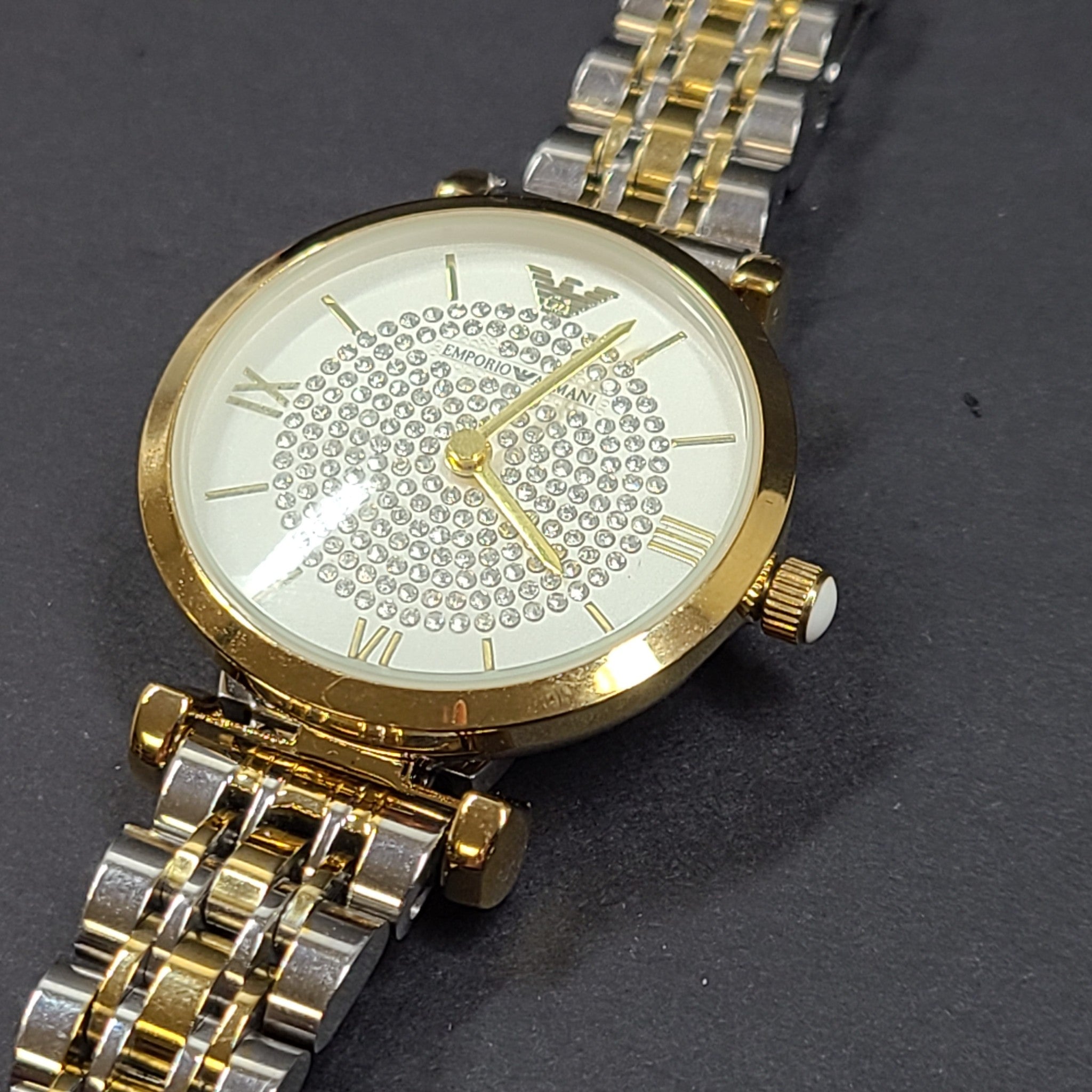 Emporio Armani Women's Gianni T-Bar Watch Gold Silver Tone Crystal Face 5.75"