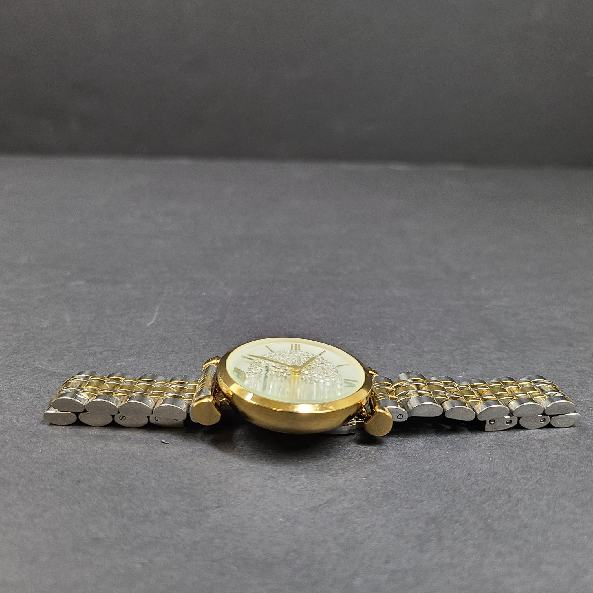 Emporio Armani Women's Gianni T-Bar Watch Gold Silver Tone Crystal Face 5.75"