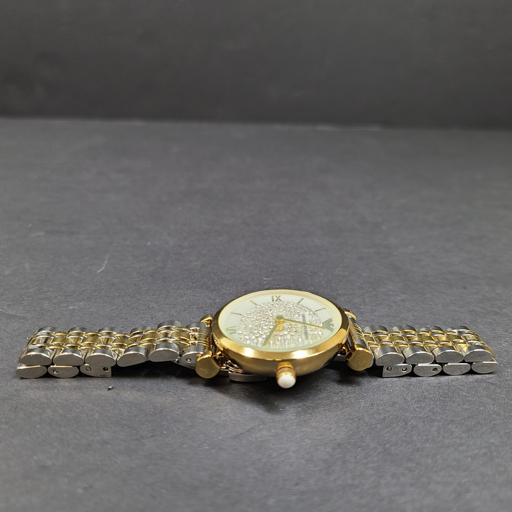 Emporio Armani Women's Gianni T-Bar Watch Gold Silver Tone Crystal Face 5.75"