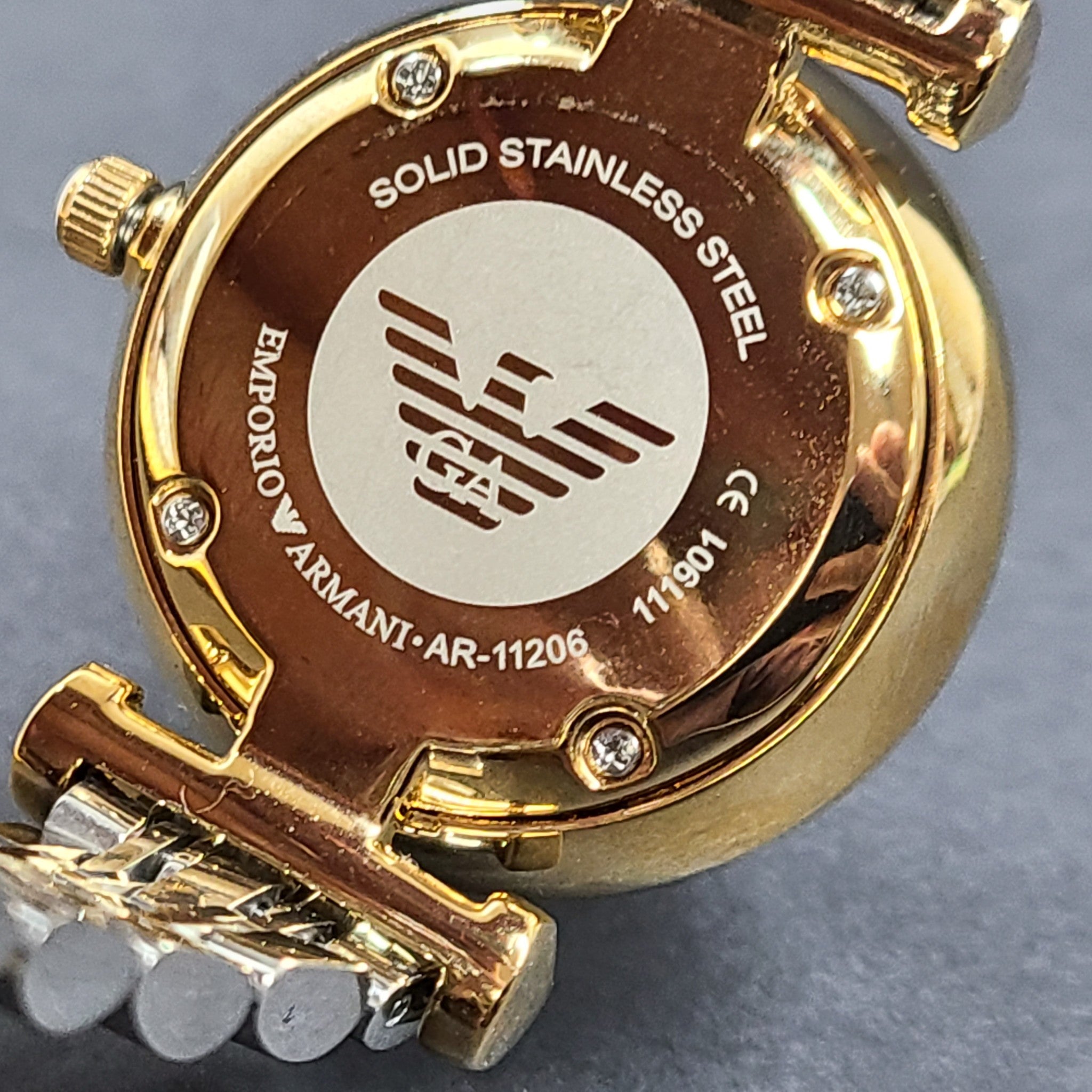 Emporio Armani Women's Gianni T-Bar Watch Gold Silver Tone Crystal Face 5.75"