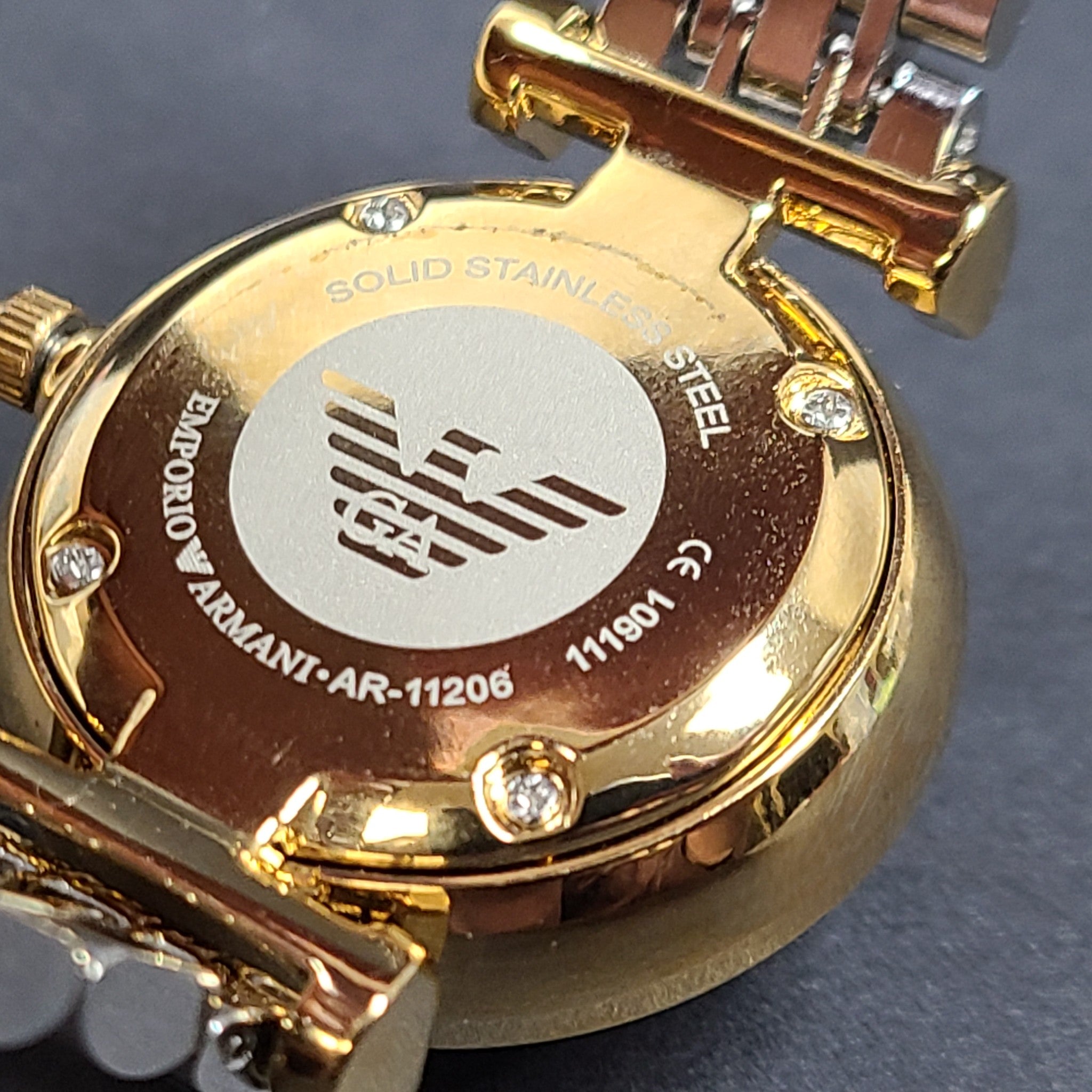 Emporio Armani Women's Gianni T-Bar Watch Gold Silver Tone Crystal Face 5.75"