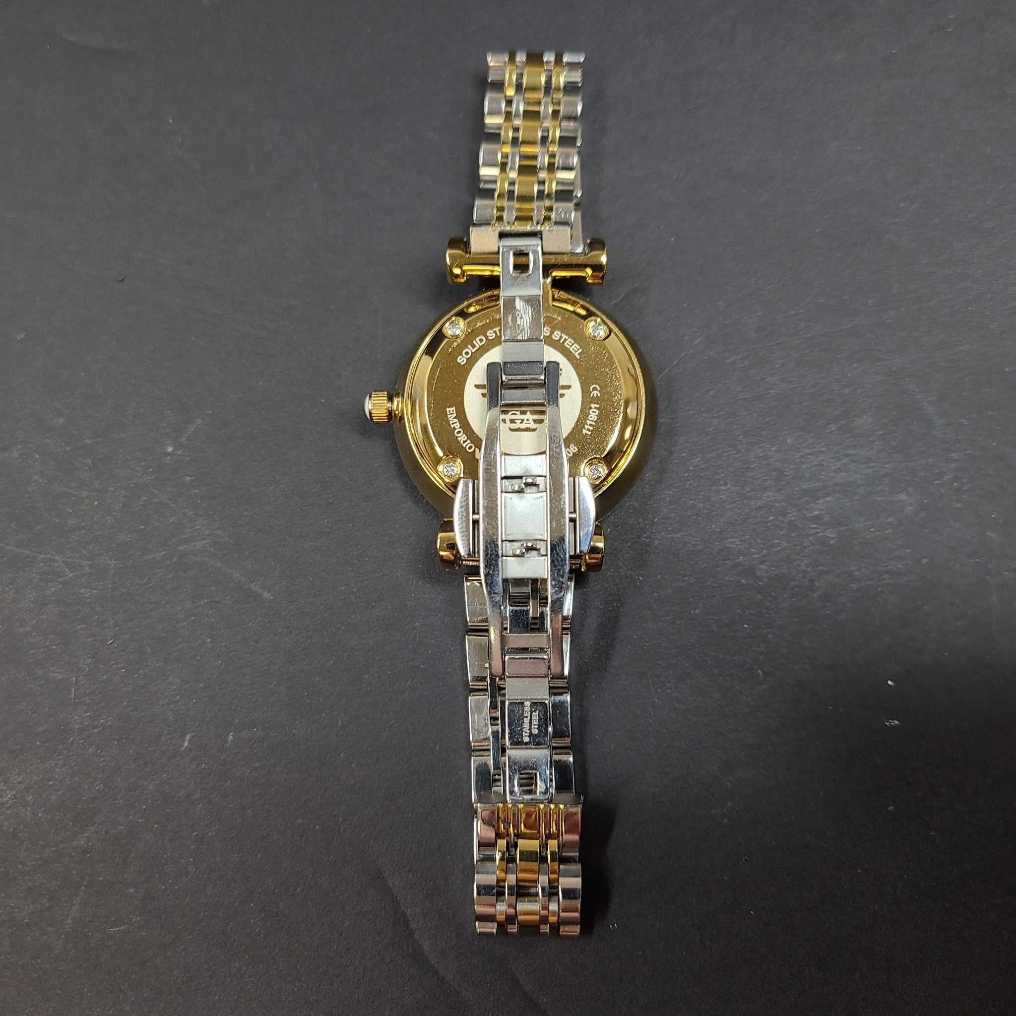 Emporio Armani Women's Gianni T-Bar Watch Gold Silver Tone Crystal Face 5.75"