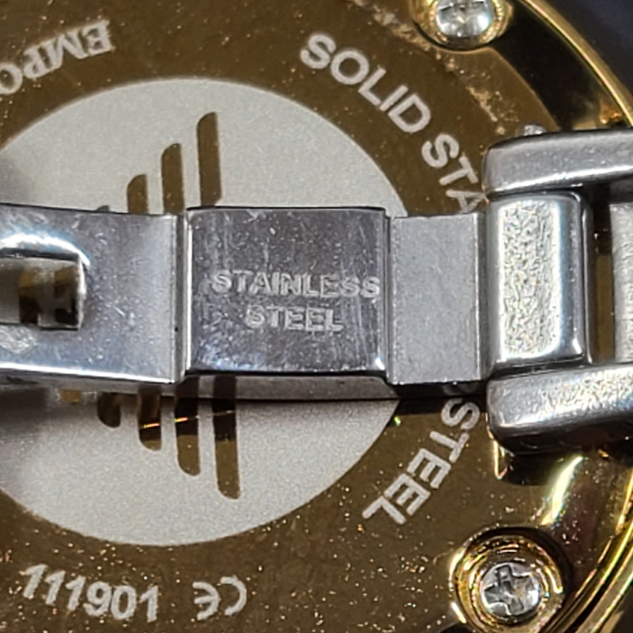 Emporio Armani Women's Gianni T-Bar Watch Gold Silver Tone Crystal Face 5.75"