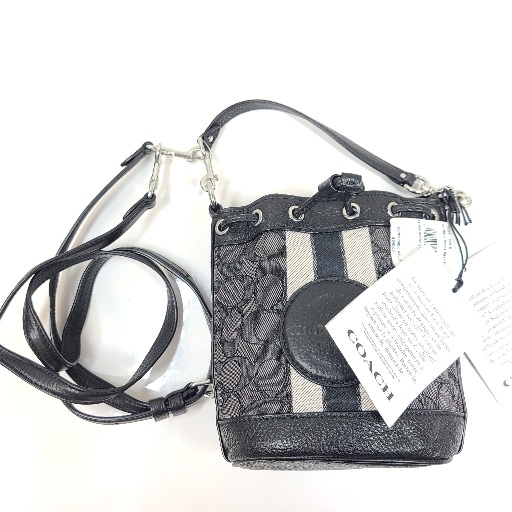 Coach Mini Dempsey Bucket Bag In Silver/Black Smoke Leather Crossbody C8322 NWT