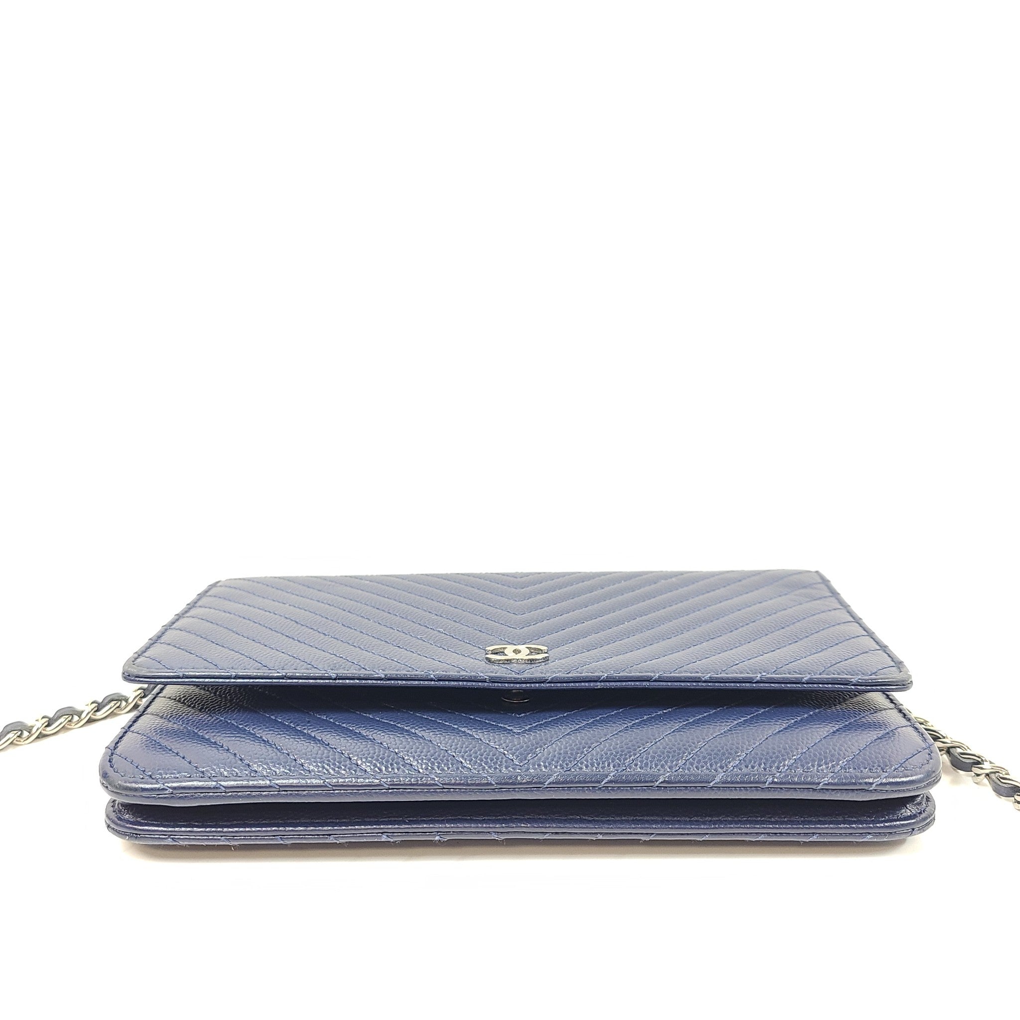 Authentic CHANEL Chevron Caviar WOC Wallet on Chain Handbag Navy Blue Leather