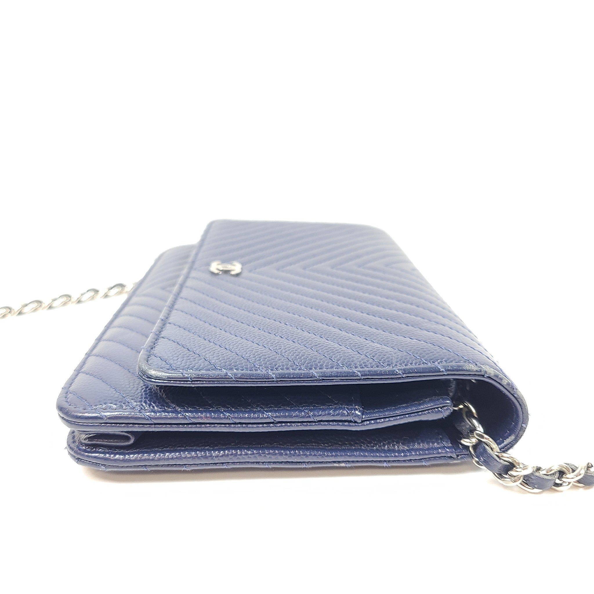 Authentic CHANEL Chevron Caviar WOC Wallet on Chain Handbag Navy Blue Leather