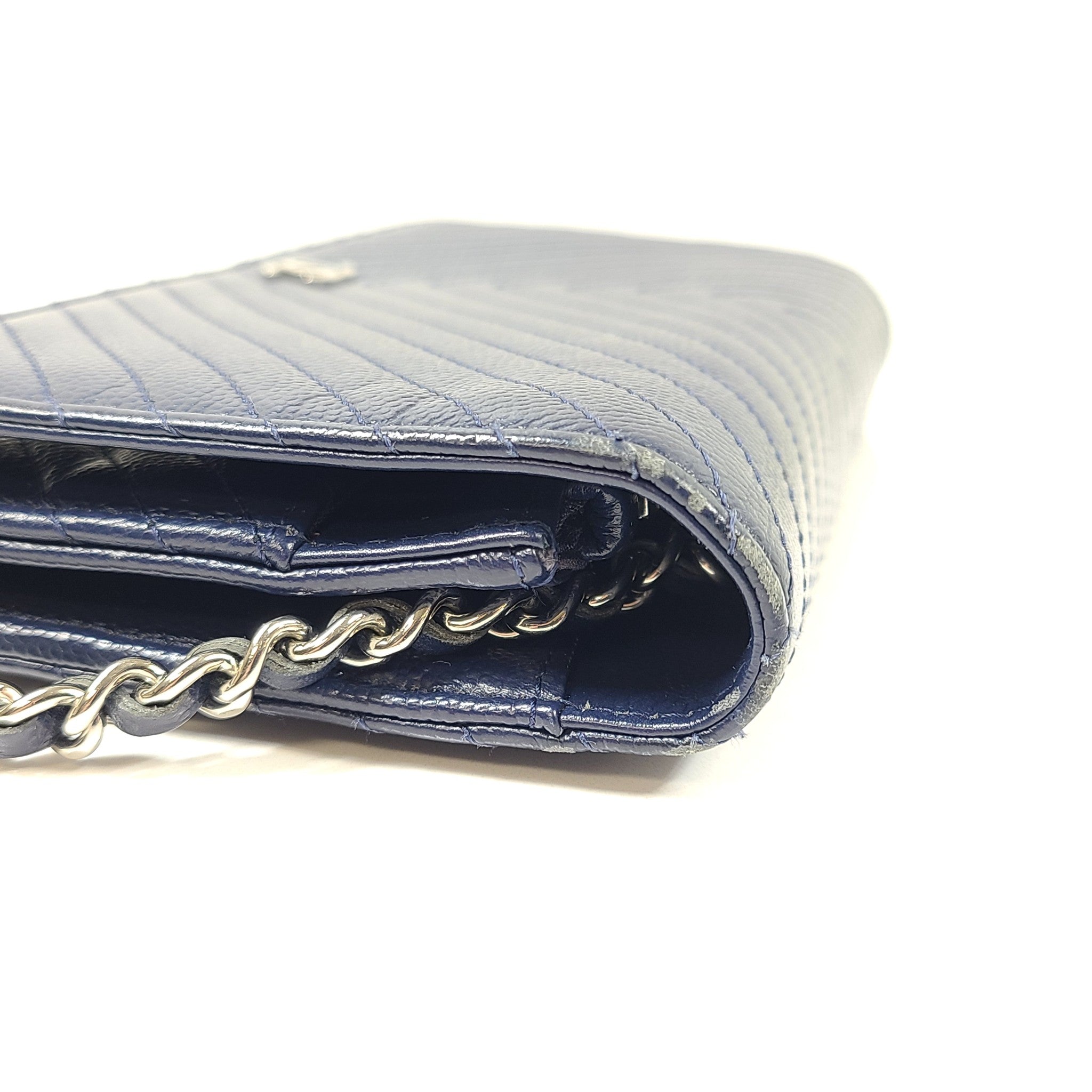 Authentic CHANEL Chevron Caviar WOC Wallet on Chain Handbag Navy Blue Leather