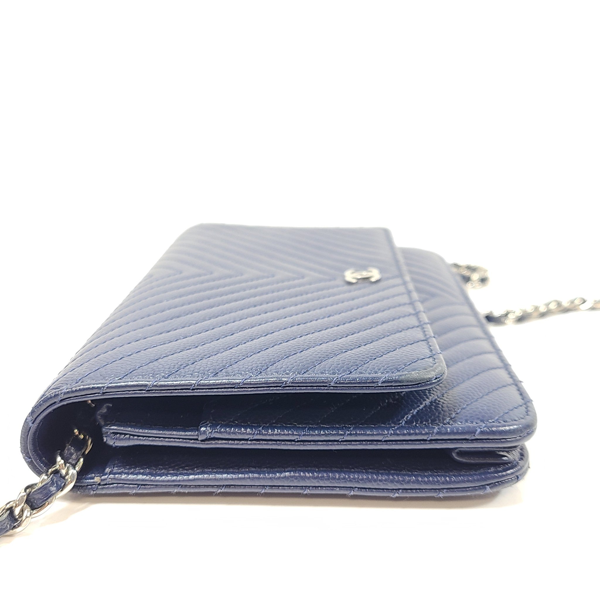 Authentic CHANEL Chevron Caviar WOC Wallet on Chain Handbag Navy Blue Leather