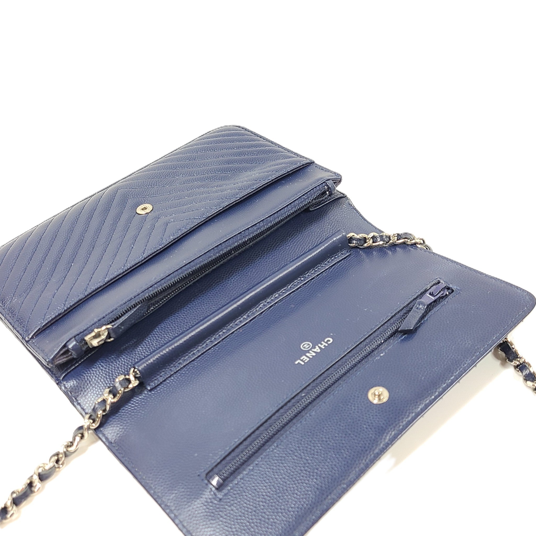 Authentic CHANEL Chevron Caviar WOC Wallet on Chain Handbag Navy Blue Leather