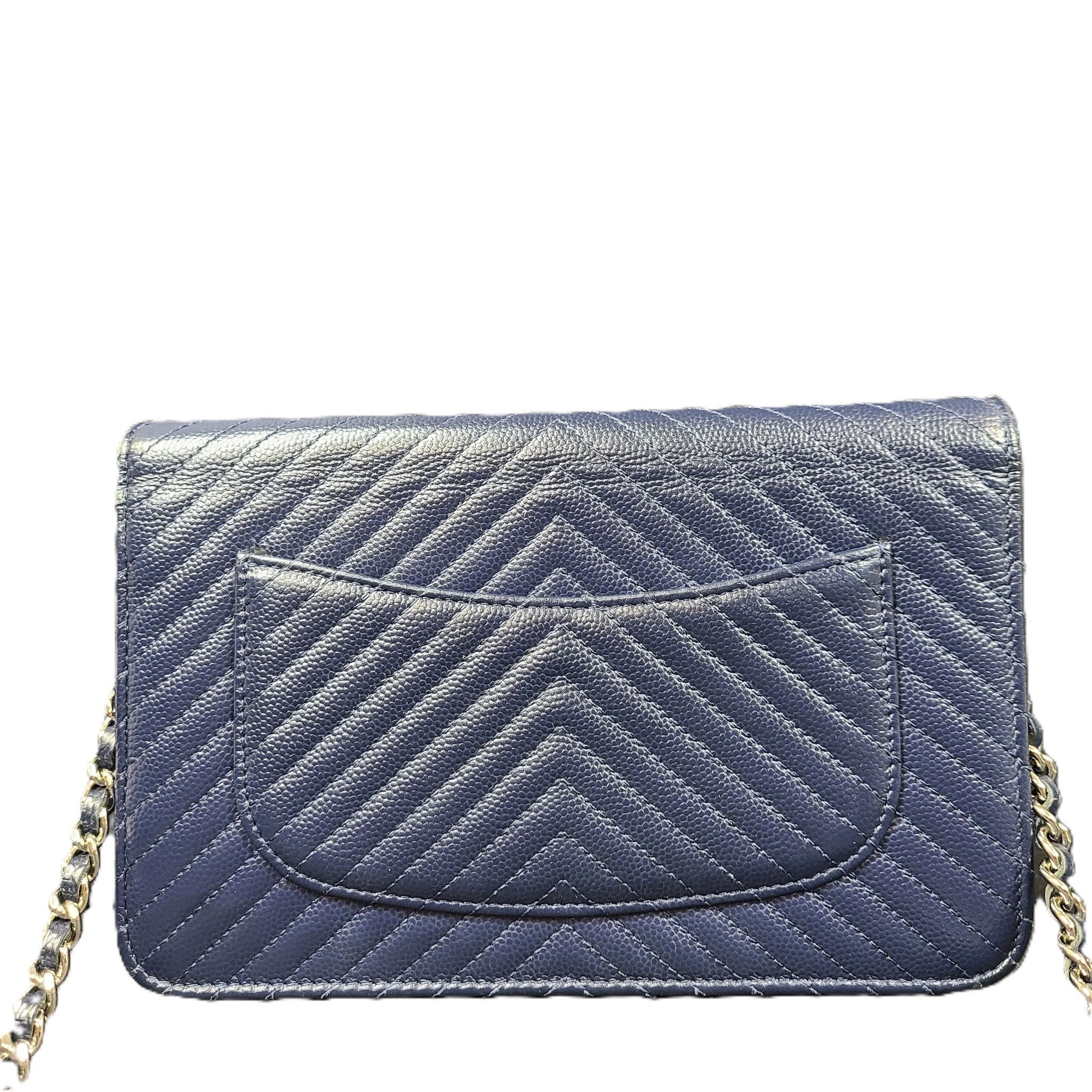 Authentic CHANEL Chevron Caviar WOC Wallet on Chain Handbag Navy Blue Leather