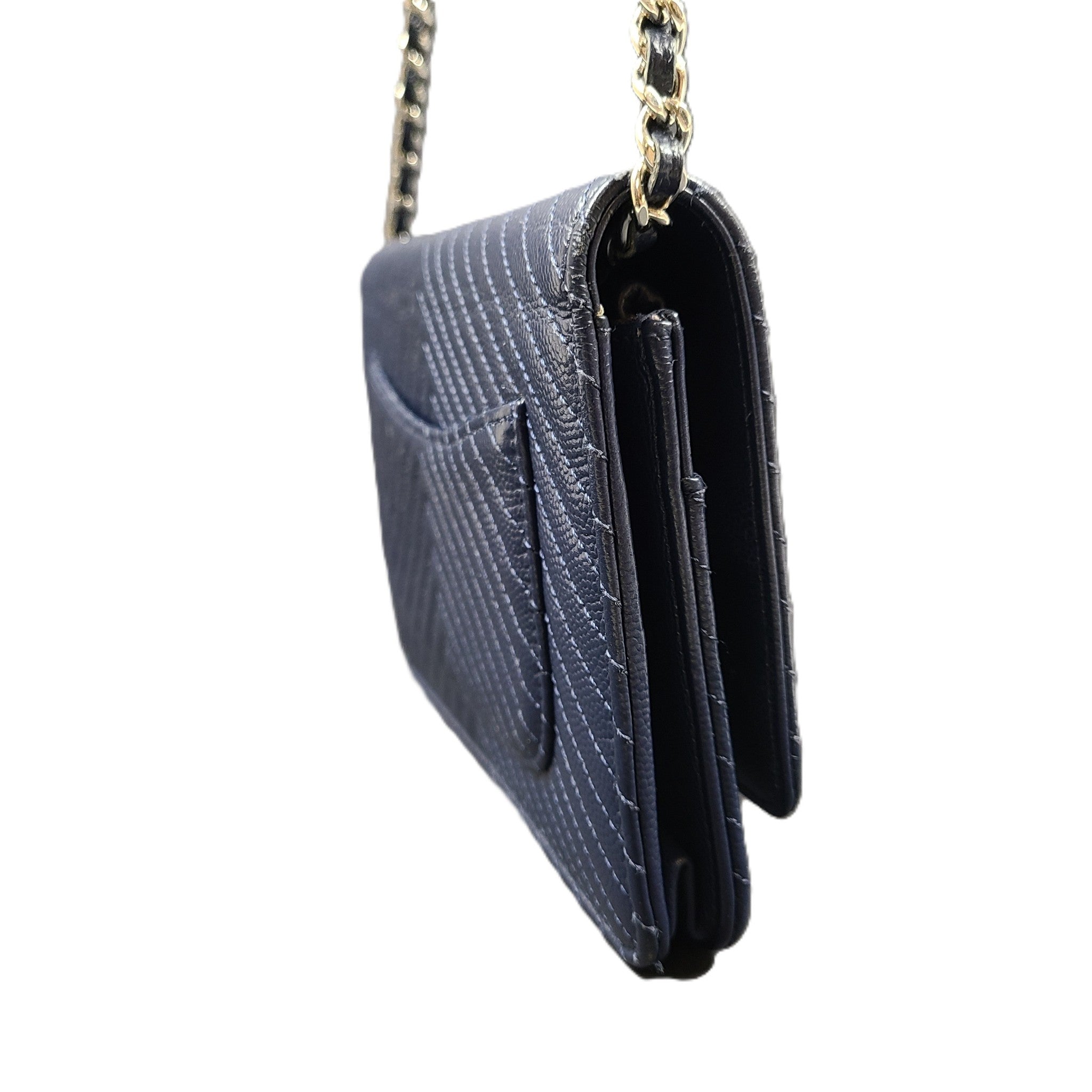 Authentic CHANEL Chevron Caviar WOC Wallet on Chain Handbag Navy Blue Leather