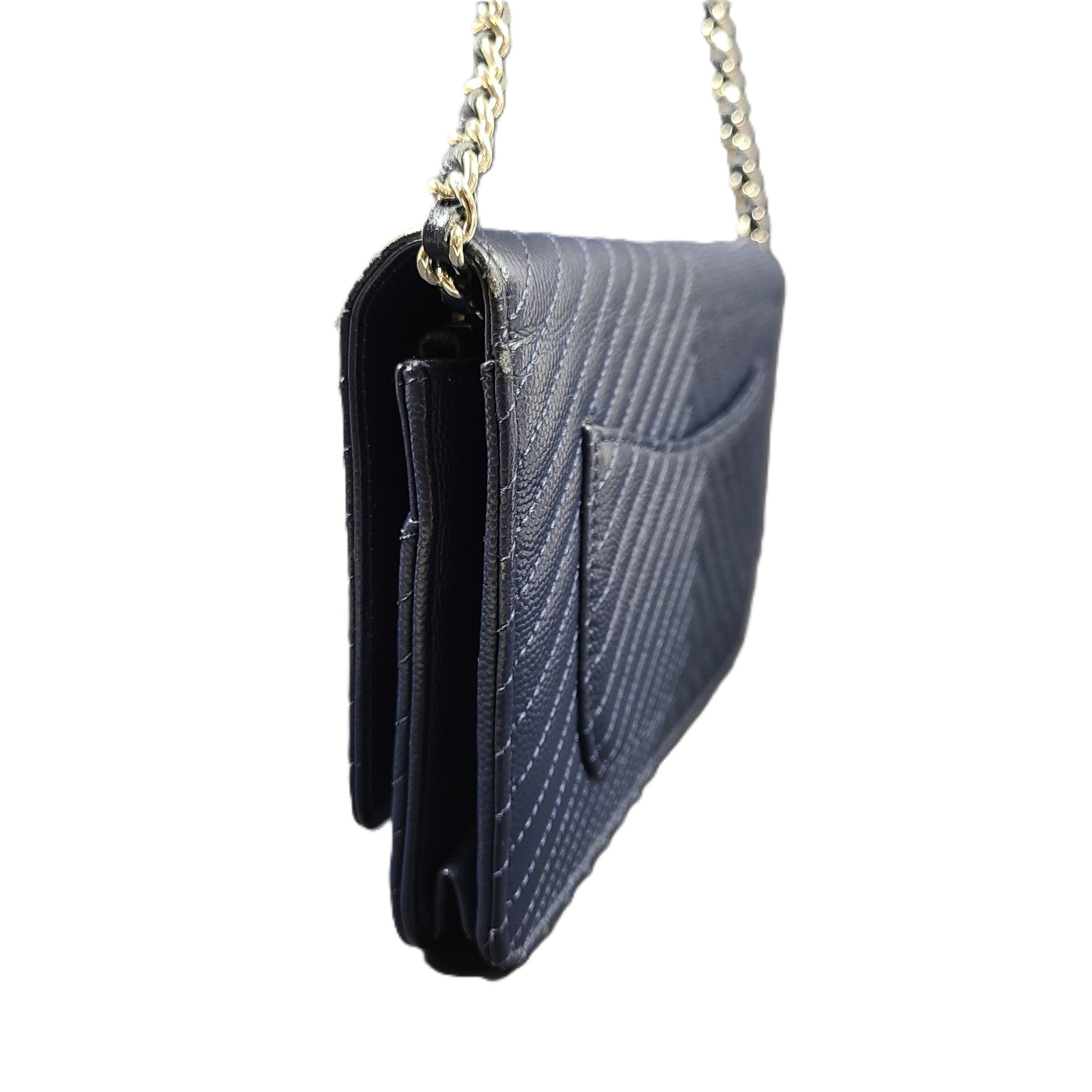 Authentic CHANEL Chevron Caviar WOC Wallet on Chain Handbag Navy Blue Leather