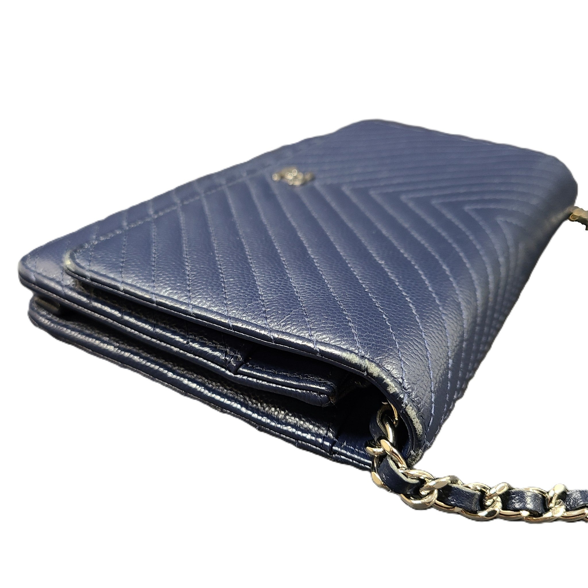 Authentic CHANEL Chevron Caviar WOC Wallet on Chain Handbag Navy Blue Leather