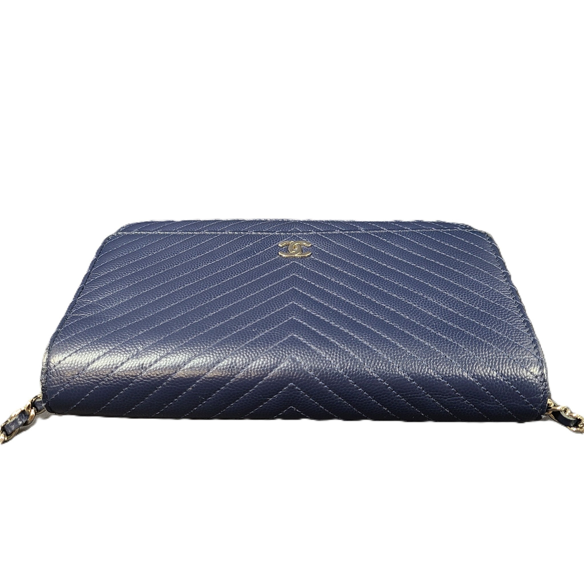 Authentic CHANEL Chevron Caviar WOC Wallet on Chain Handbag Navy Blue Leather