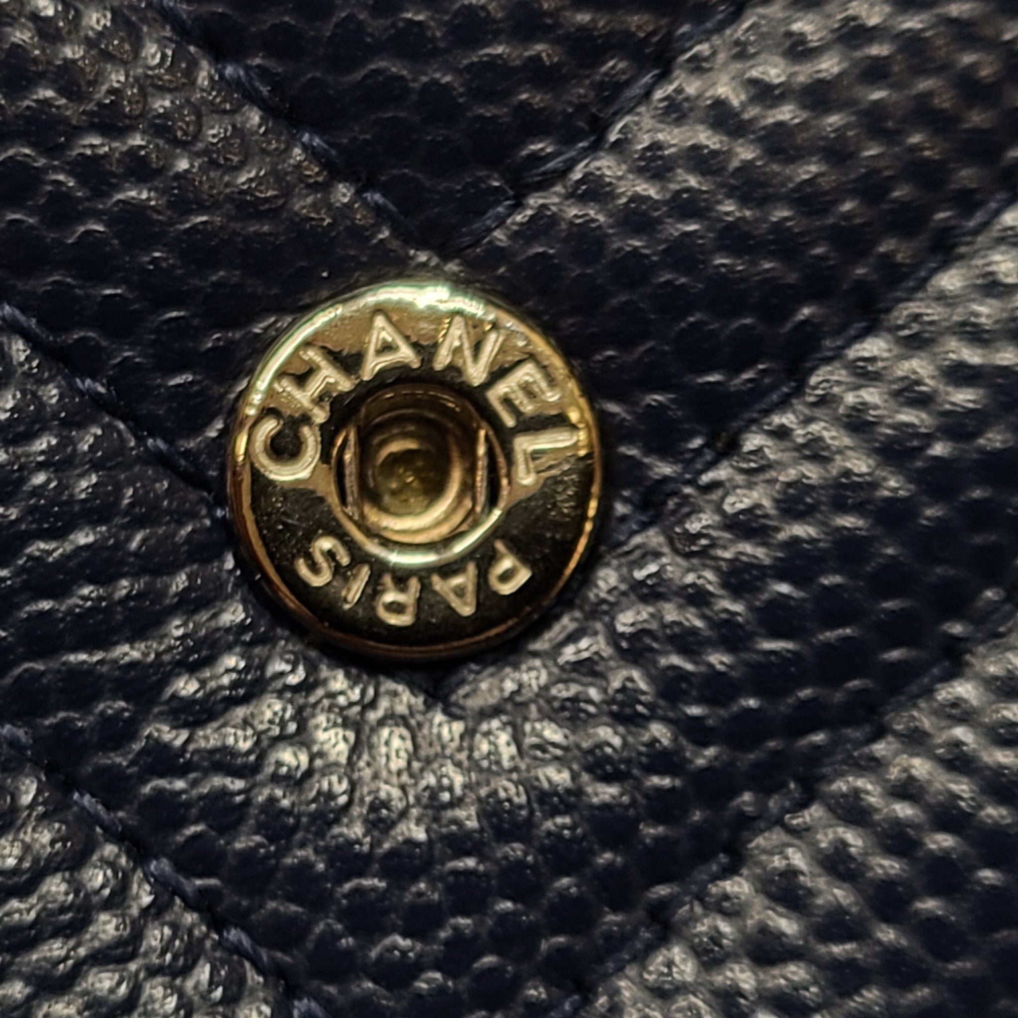 Authentic CHANEL Chevron Caviar WOC Wallet on Chain Handbag Navy Blue Leather